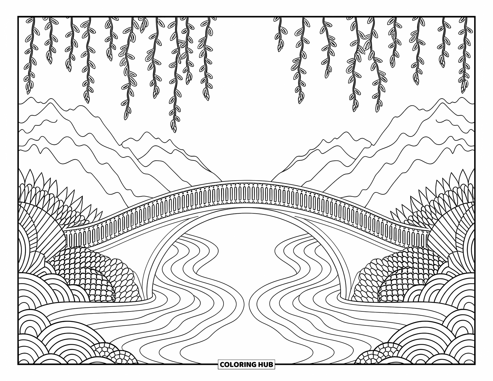Mountain Coloring Page for Adults: A bridge with vines spanning a river between mountains