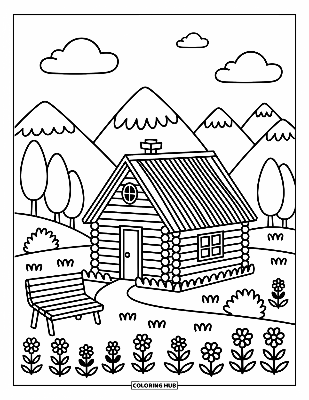 Mountain Coloring Page for Adults: A cozy cabin in a meadow with flowers, fluffy clouds, and a wooden bench