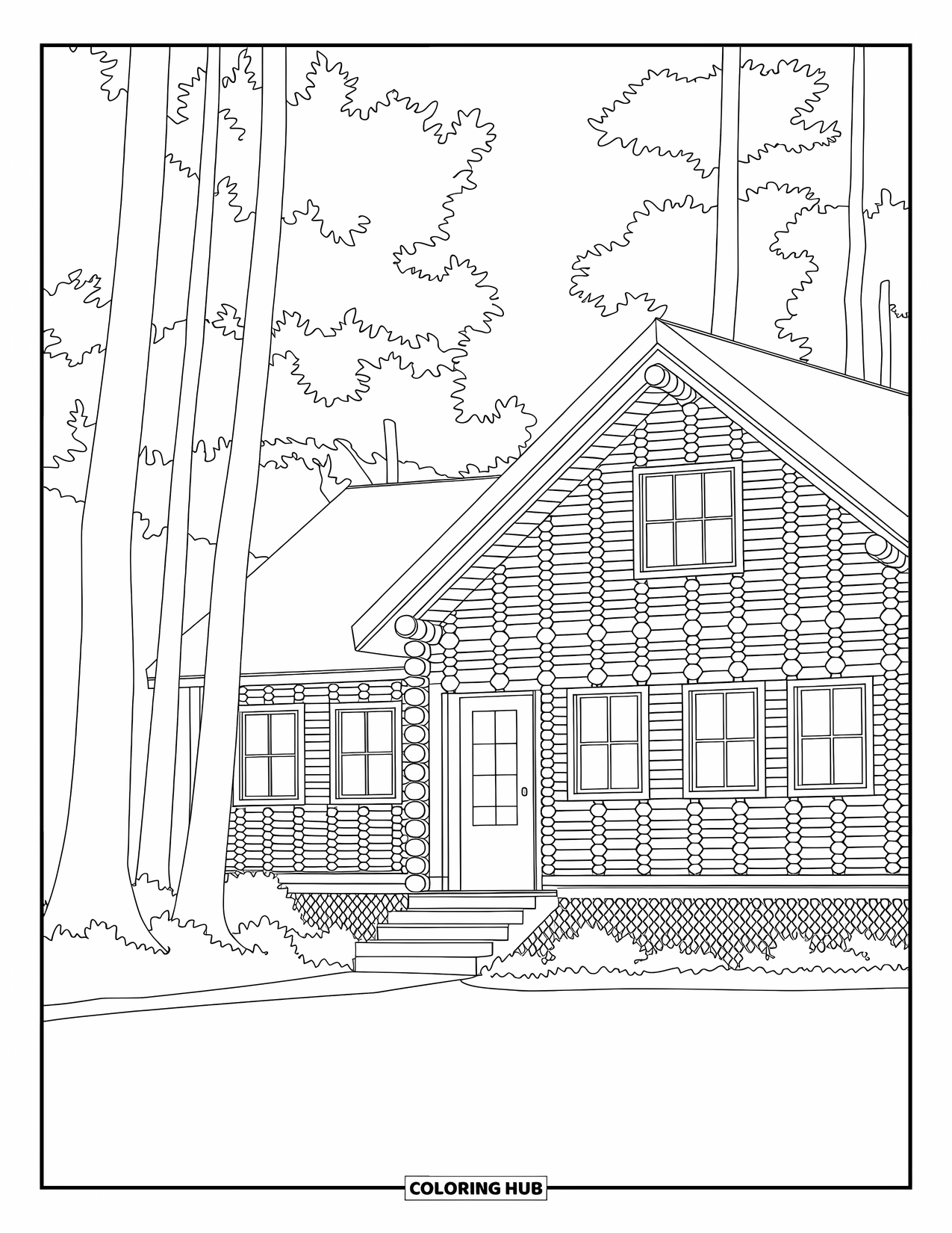 Mountain Coloring Page for Adults: A cozy cabin with wood patterns surrounded by tall trees