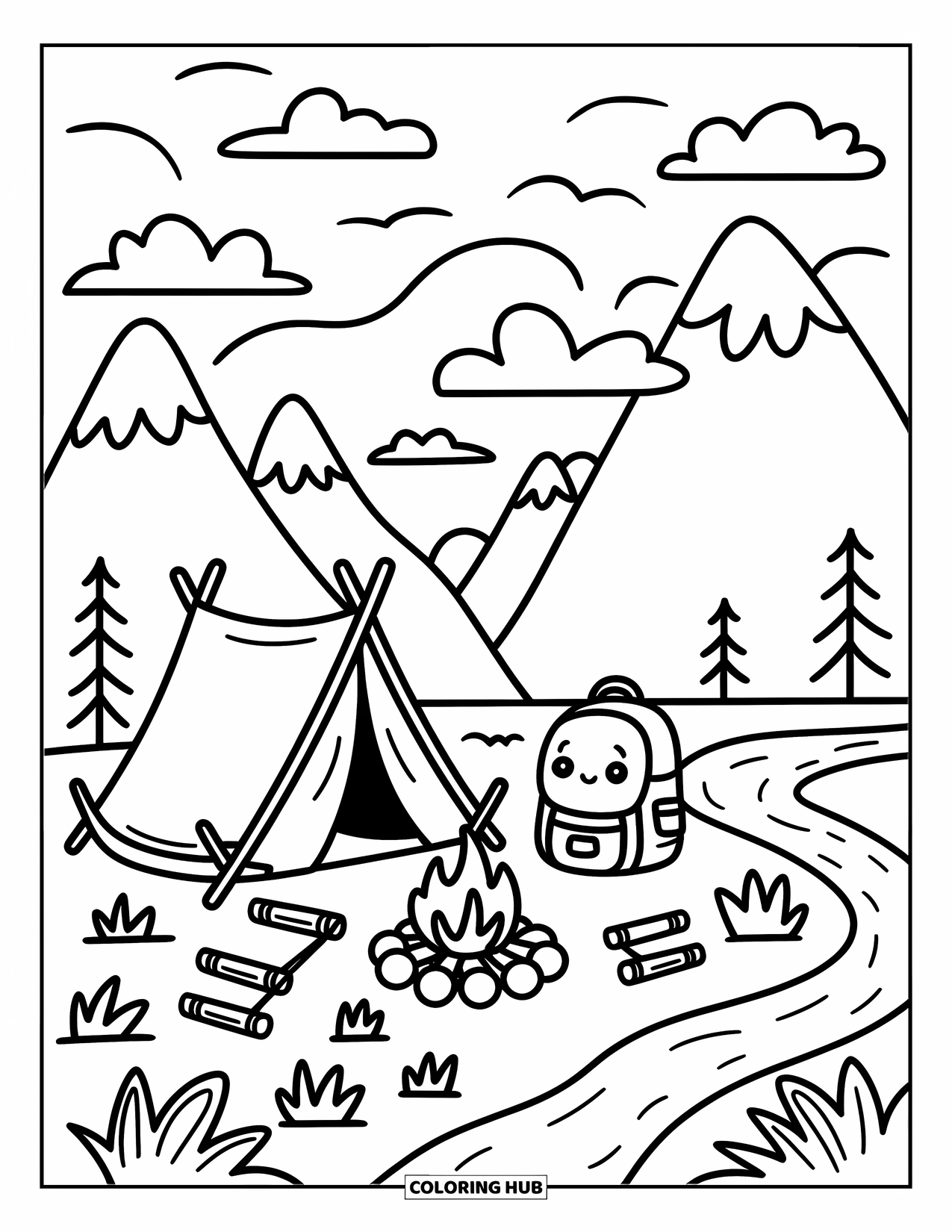 Mountain Coloring Page for Adults: A cozy campsite with a tent, campfire, and marshmallows by a winding river