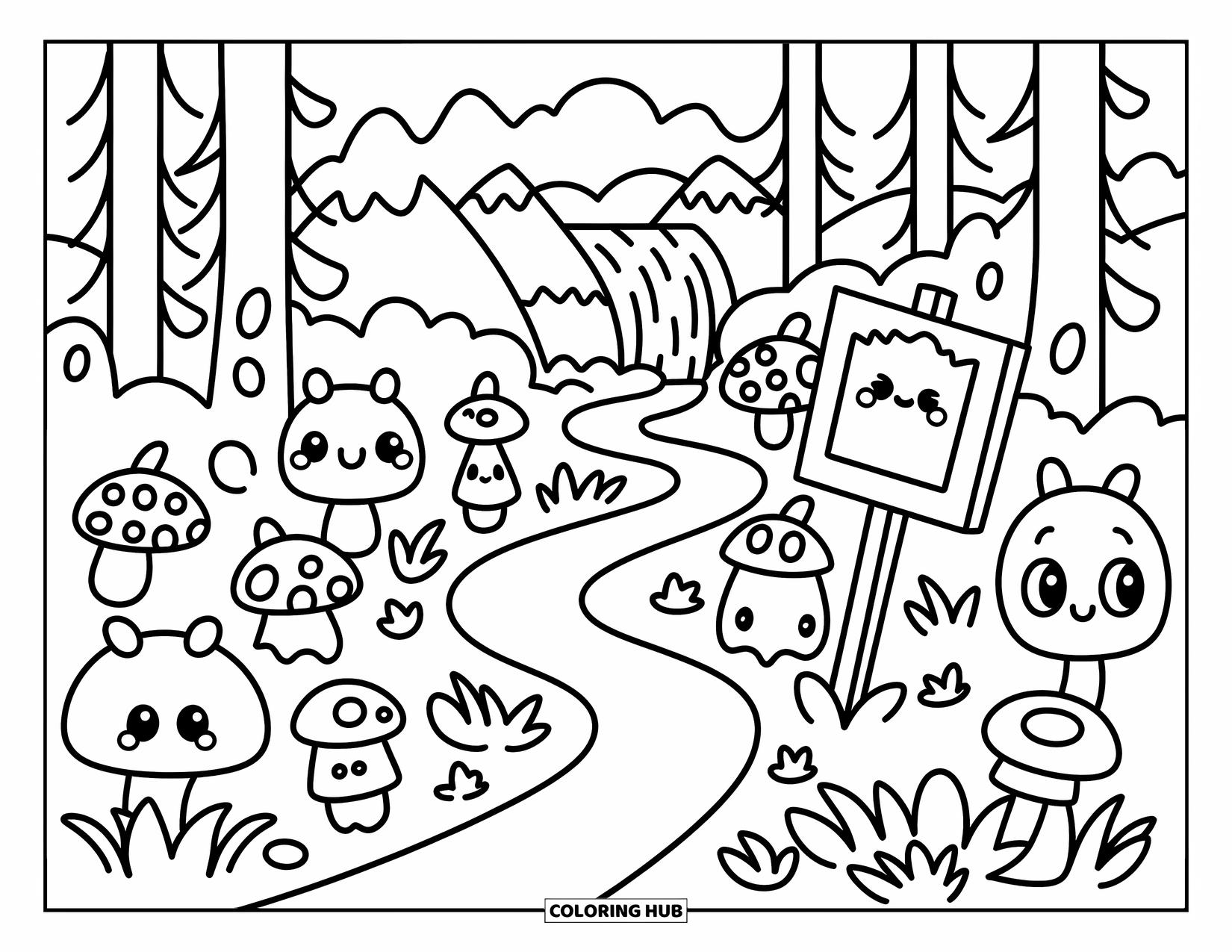 Mountain Coloring Page for Adults: A cozy forest trail with mushrooms, logs, and a hidden waterfall sign