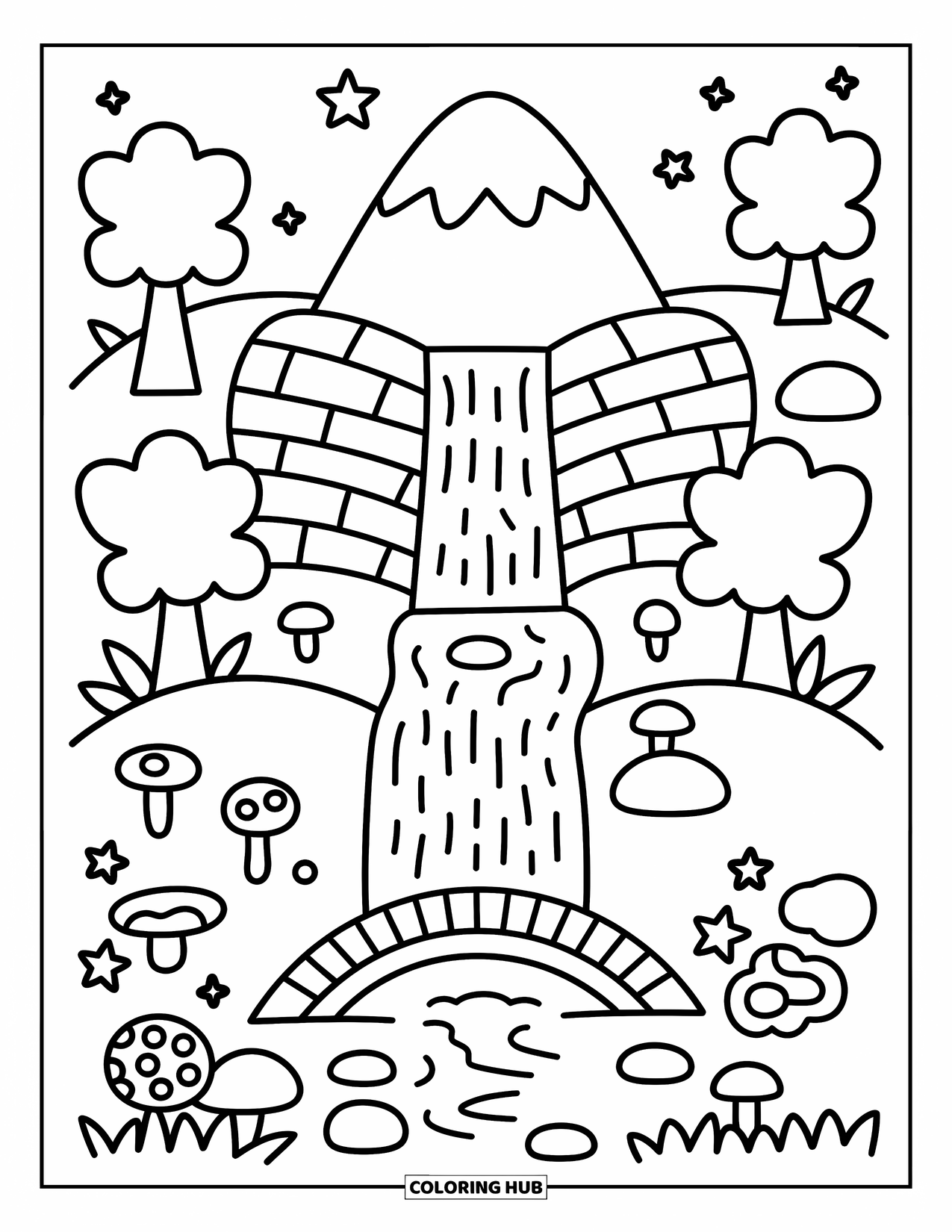 Mountain Coloring Page for Adults: A cozy lake by a mountain with a waterfall, mushrooms, and a tiny bridge