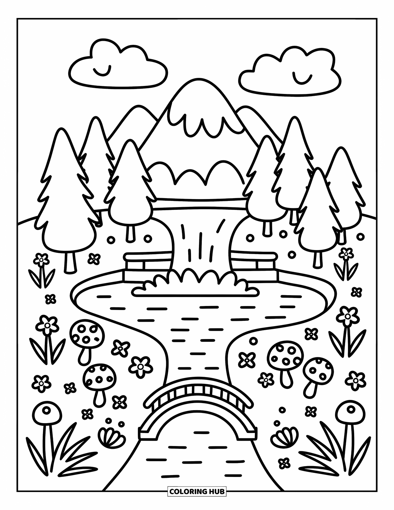 Mountain Coloring Page for Adults: A cozy mountain scene with a waterfall, a tiny bridge, and cheerful trees