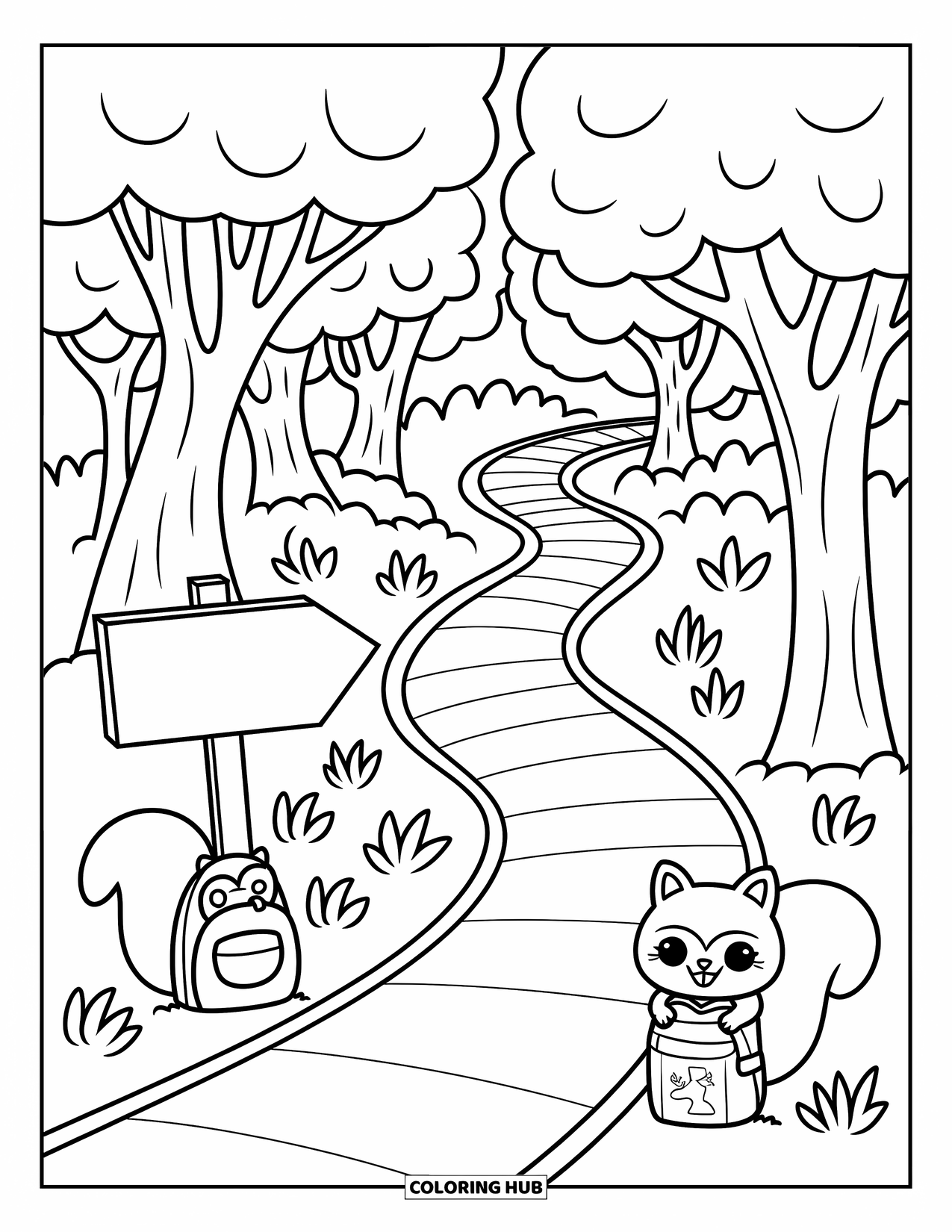 Mountain Coloring Page for Adults: A cozy path with a squirrel, a wooden sign, and cute logs