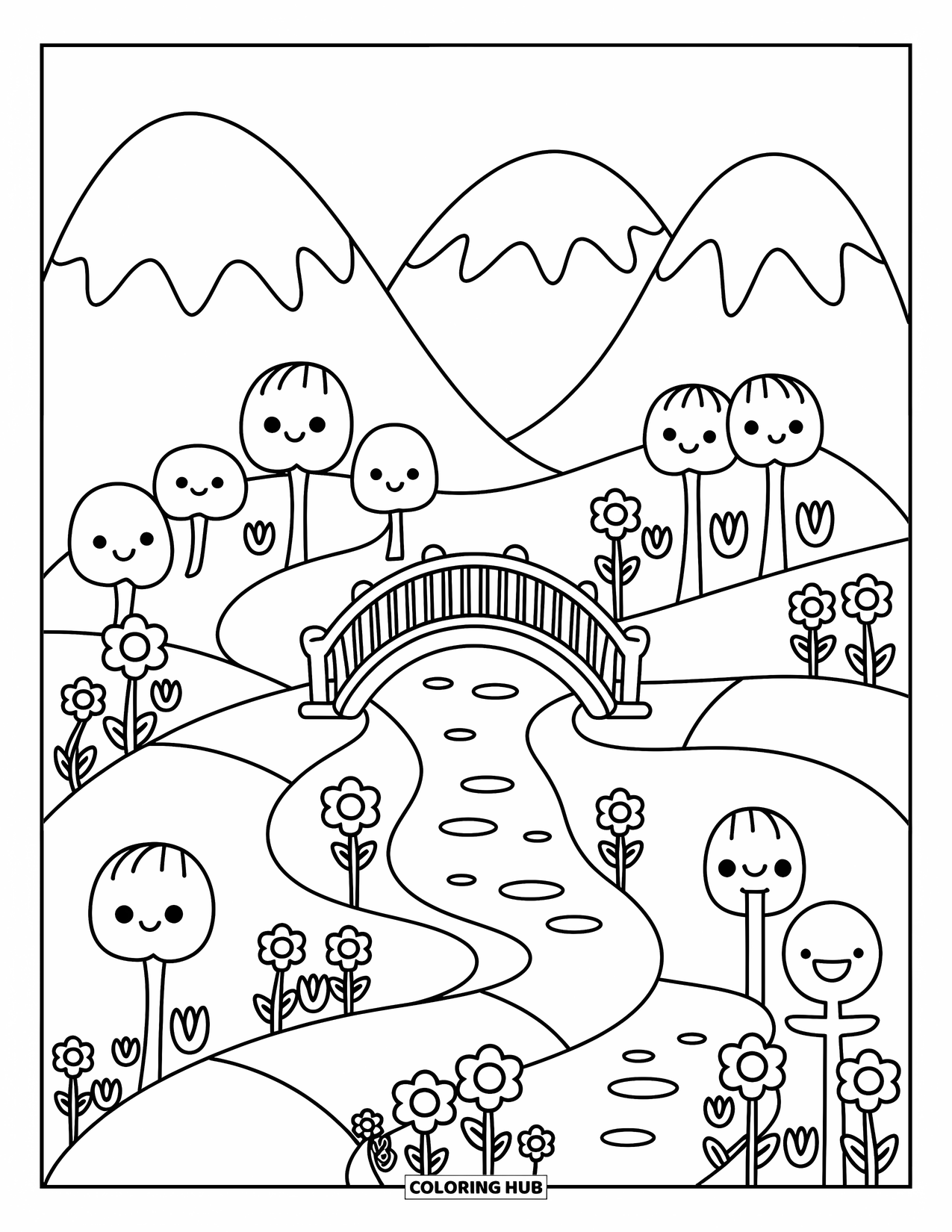 Mountain Coloring Page for Adults: A cozy valley with a tiny bridge over a gentle stream