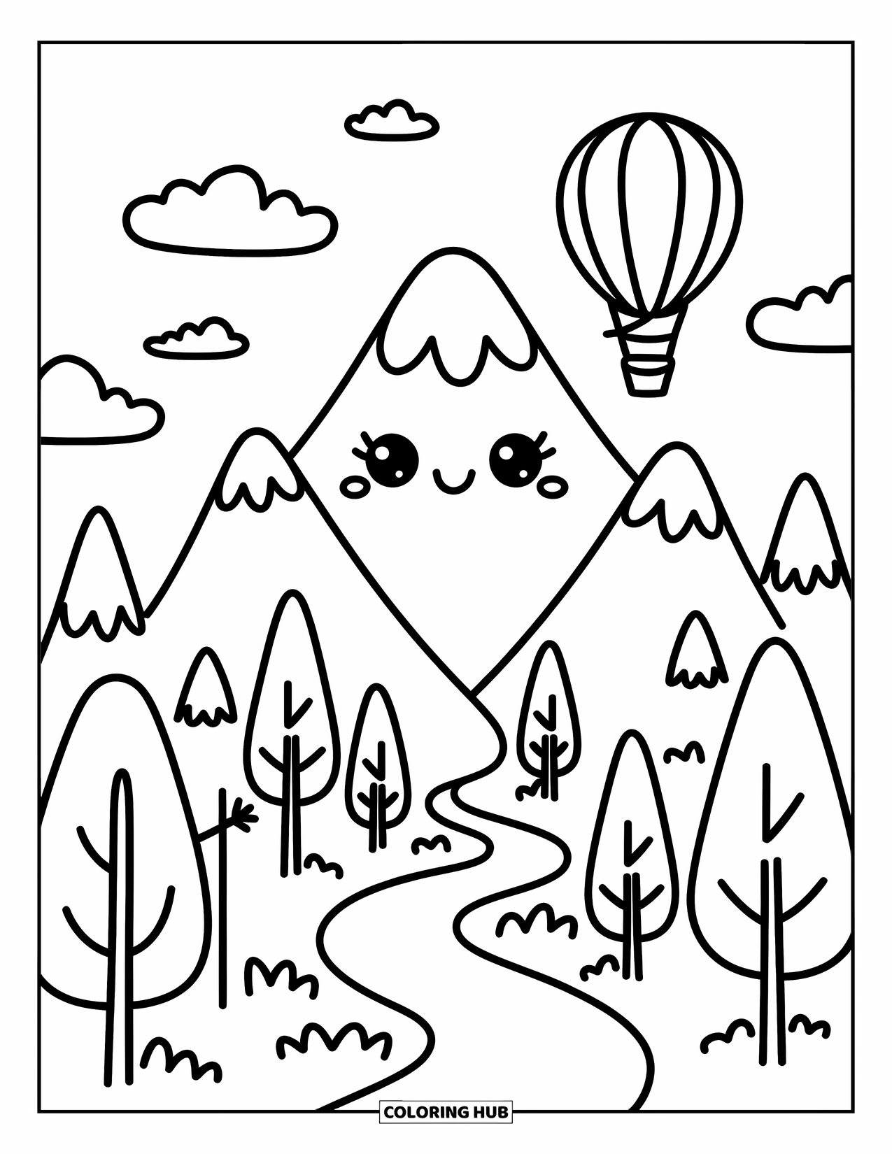 Mountain Coloring Page for Adults: A cute hot air balloon with a flag floats above a mountain and cheerful trees