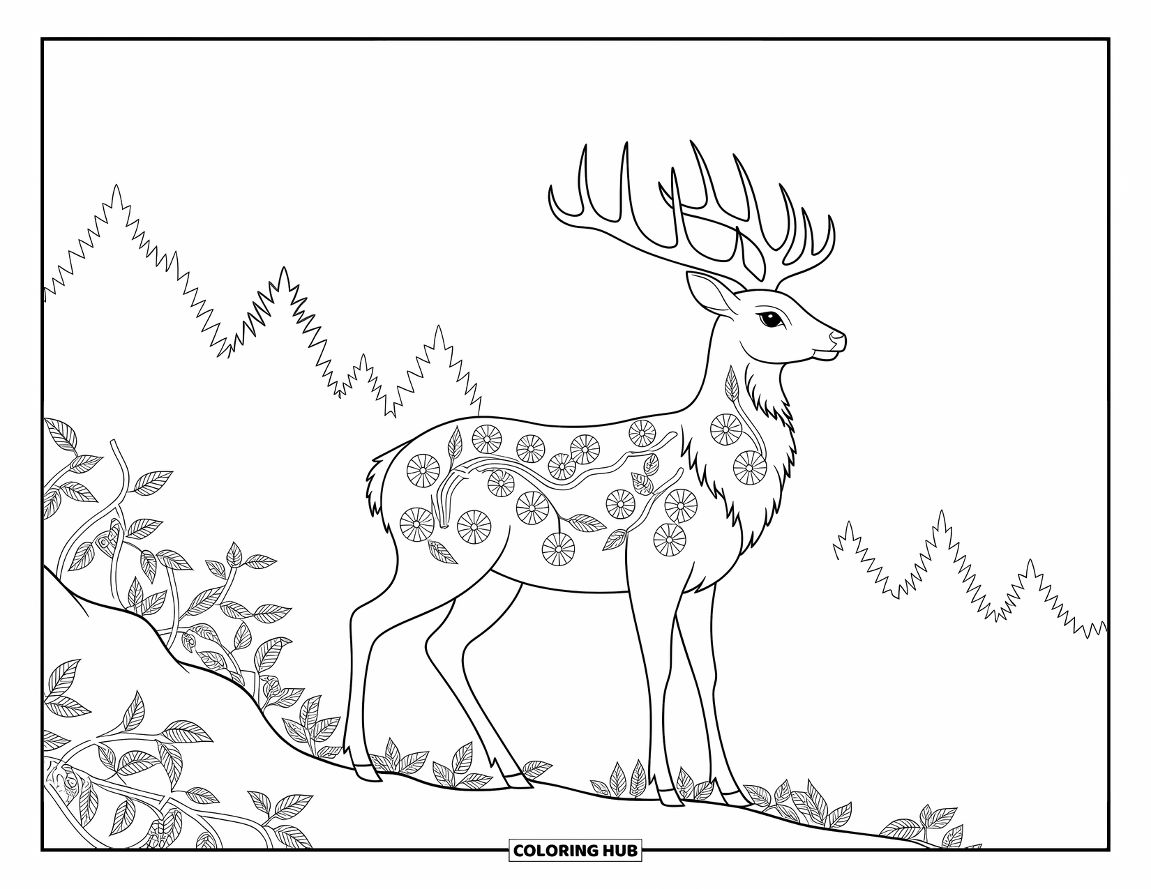 Mountain Coloring Page for Adults: A deer with detailed antlers and floral patterns by the forest edge