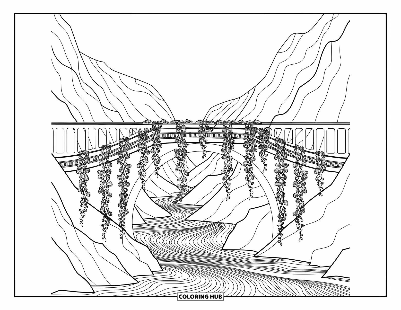 Mountain Coloring Page for Adults: A detailed bridge with vines crossing a river between mountains