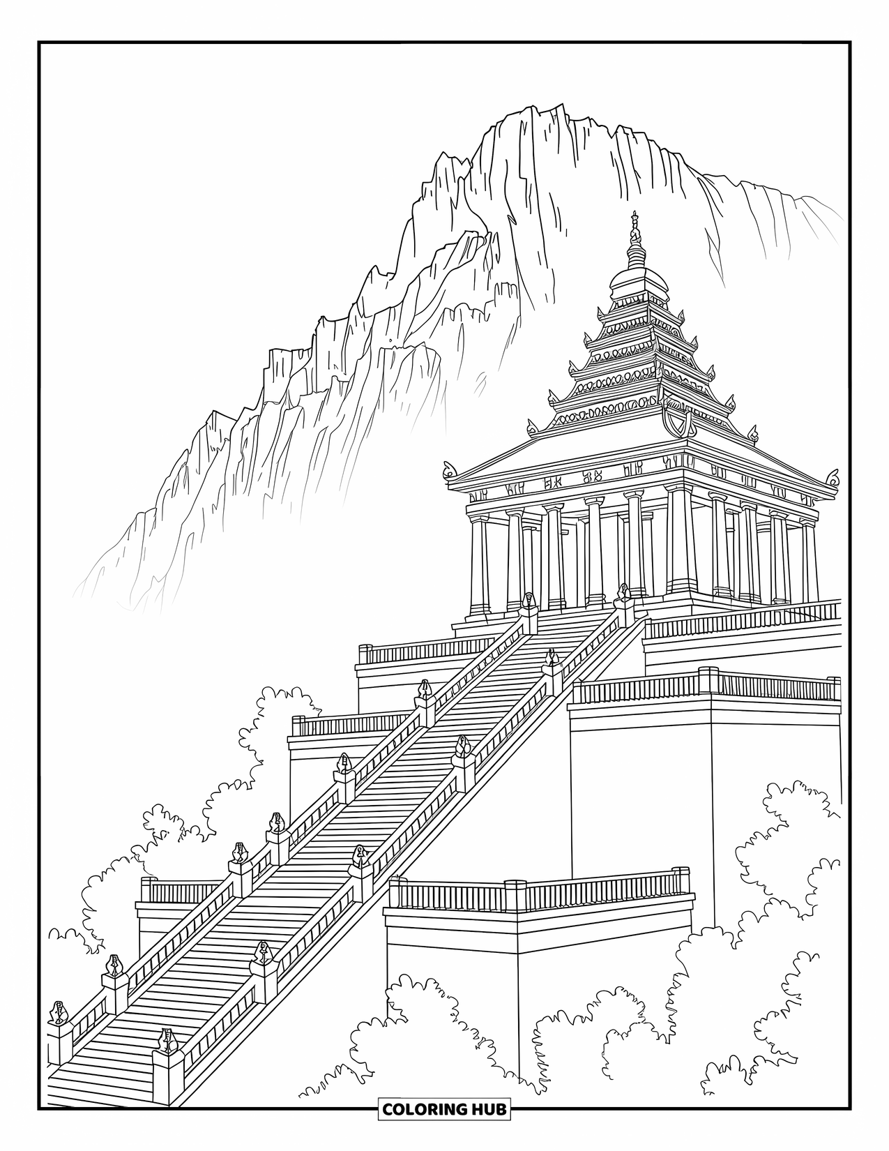 Mountain Coloring Page for Adults: A grand temple with detailed carvings and stairs on a mountain peak