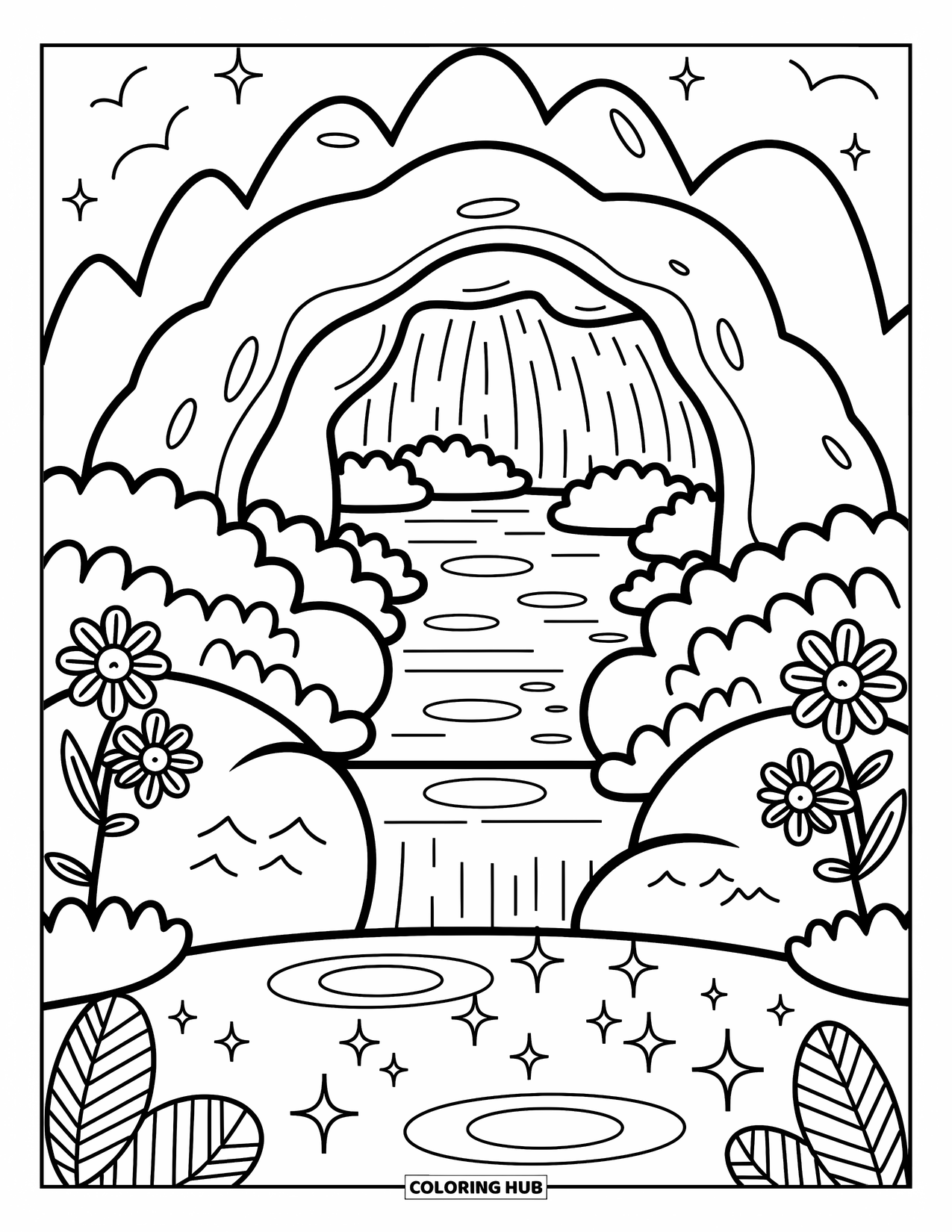 Mountain Coloring Page for Adults: A hidden cave by a pond with flowers and a tiny waterfall