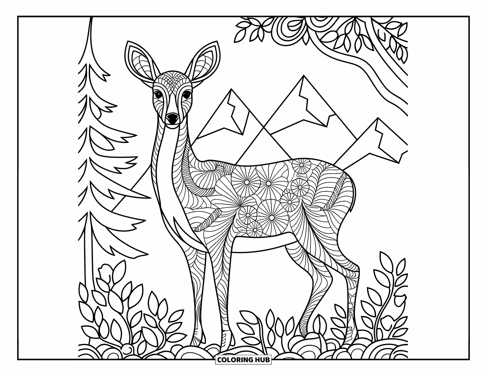 Mountain Coloring Page for Adults: A majestic deer with floral antlers by a mountain forest