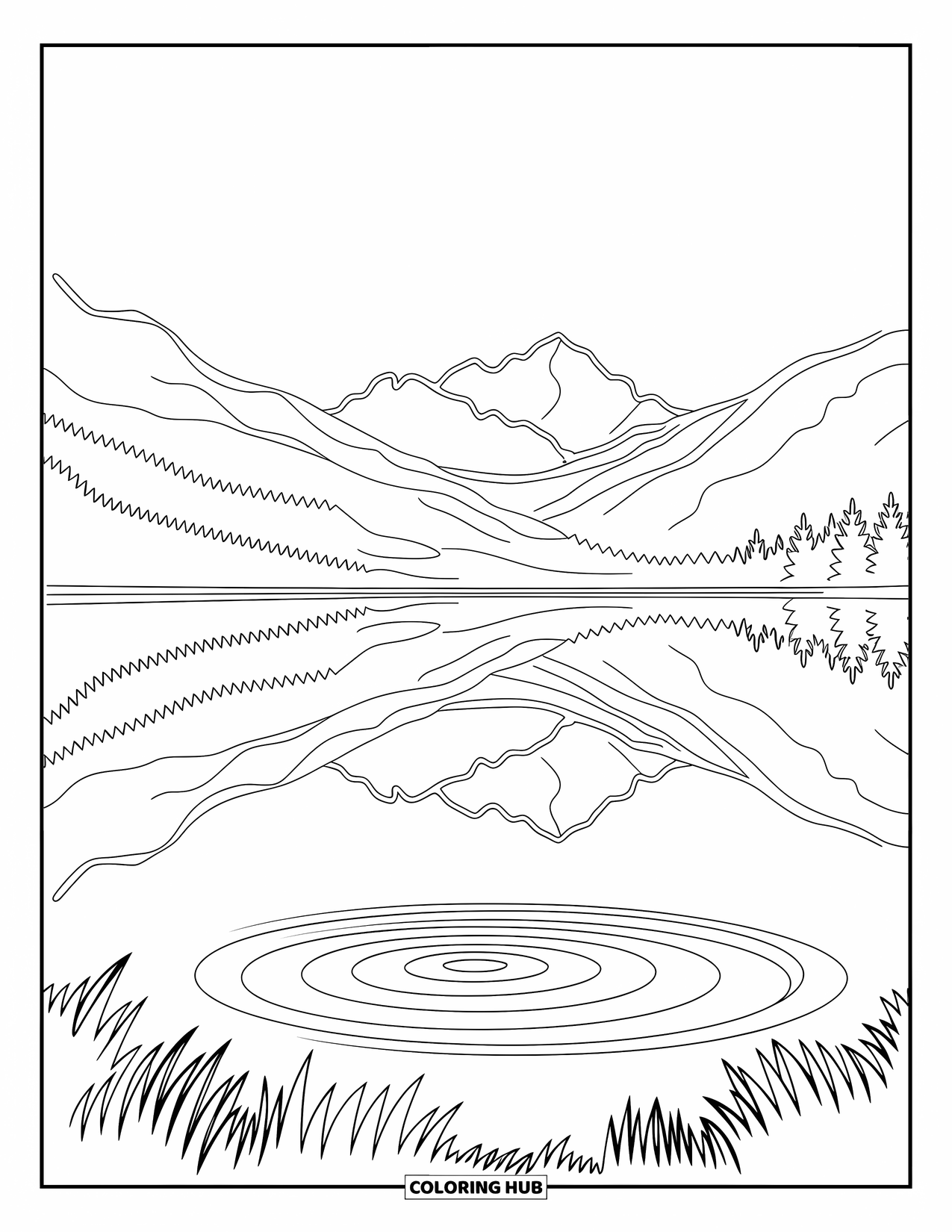 Mountain Coloring Page for Adults: A mountain lake with reflections and ornate patterns