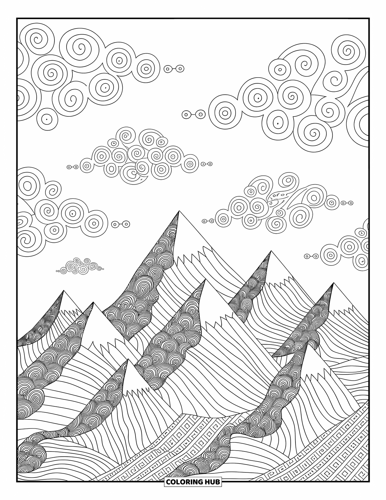Mountain Coloring Page for Adults: A mountain range with swirling clouds and intricate patterns