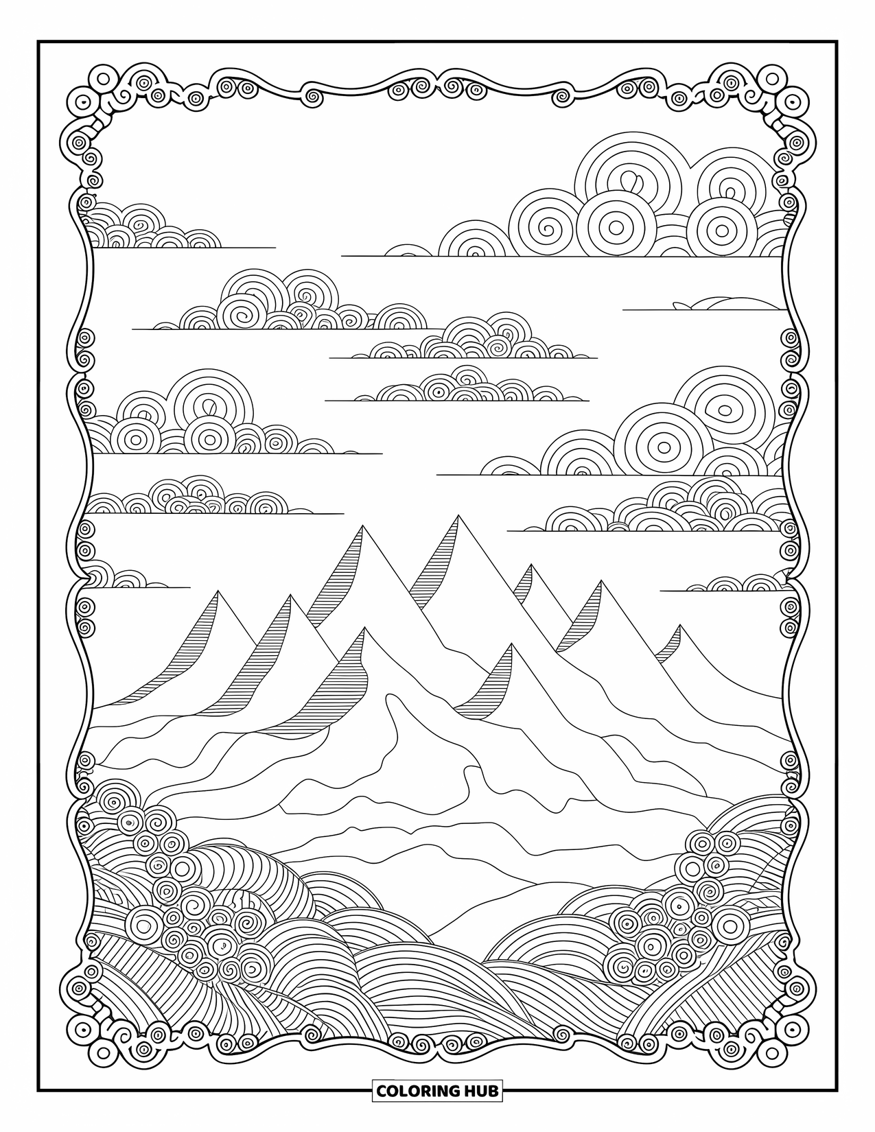 Mountain Coloring Page for Adults: A mountain range with swirling clouds and ornate patterns