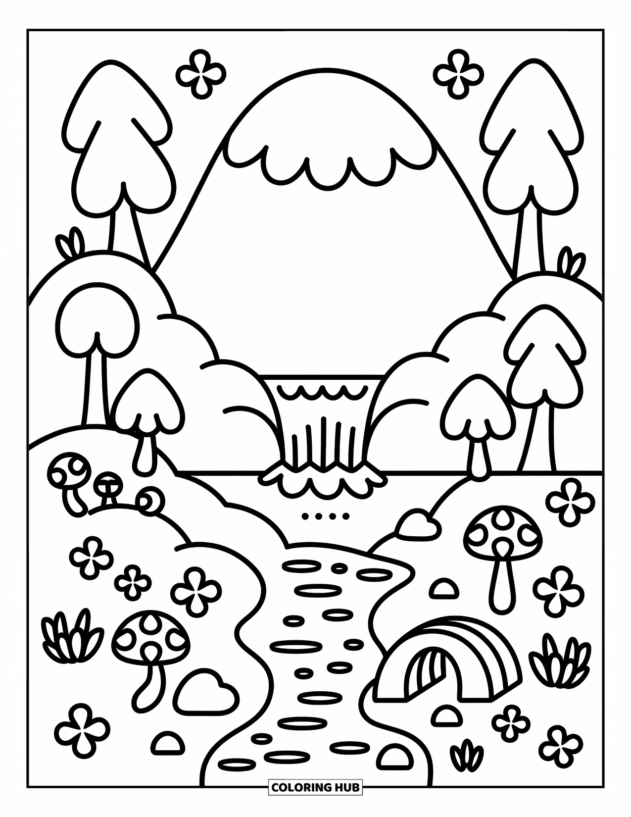 Mountain Coloring Page for Adults: A mountain with a waterfall flowing into a tiny lake and a cute bridge