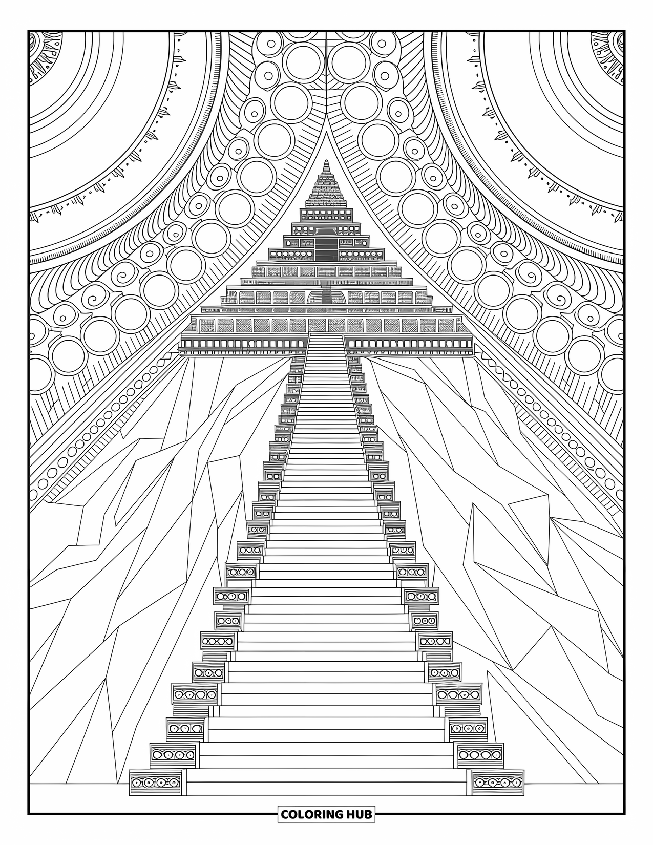 Mountain Coloring Page for Adults: A temple on a mountain with intricate carvings and winding paths