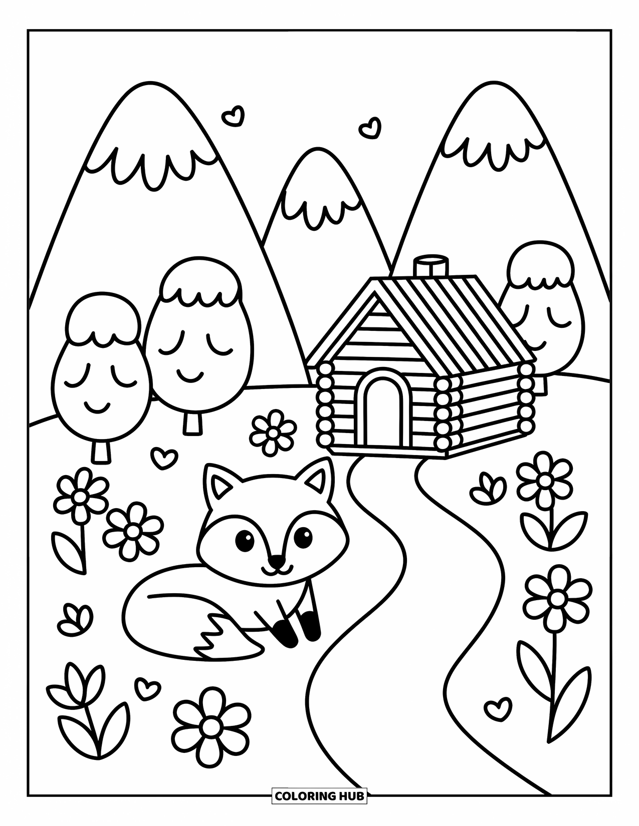 Mountain Coloring Page for Adults: A tiny cabin with a fox and flowers along a winding path