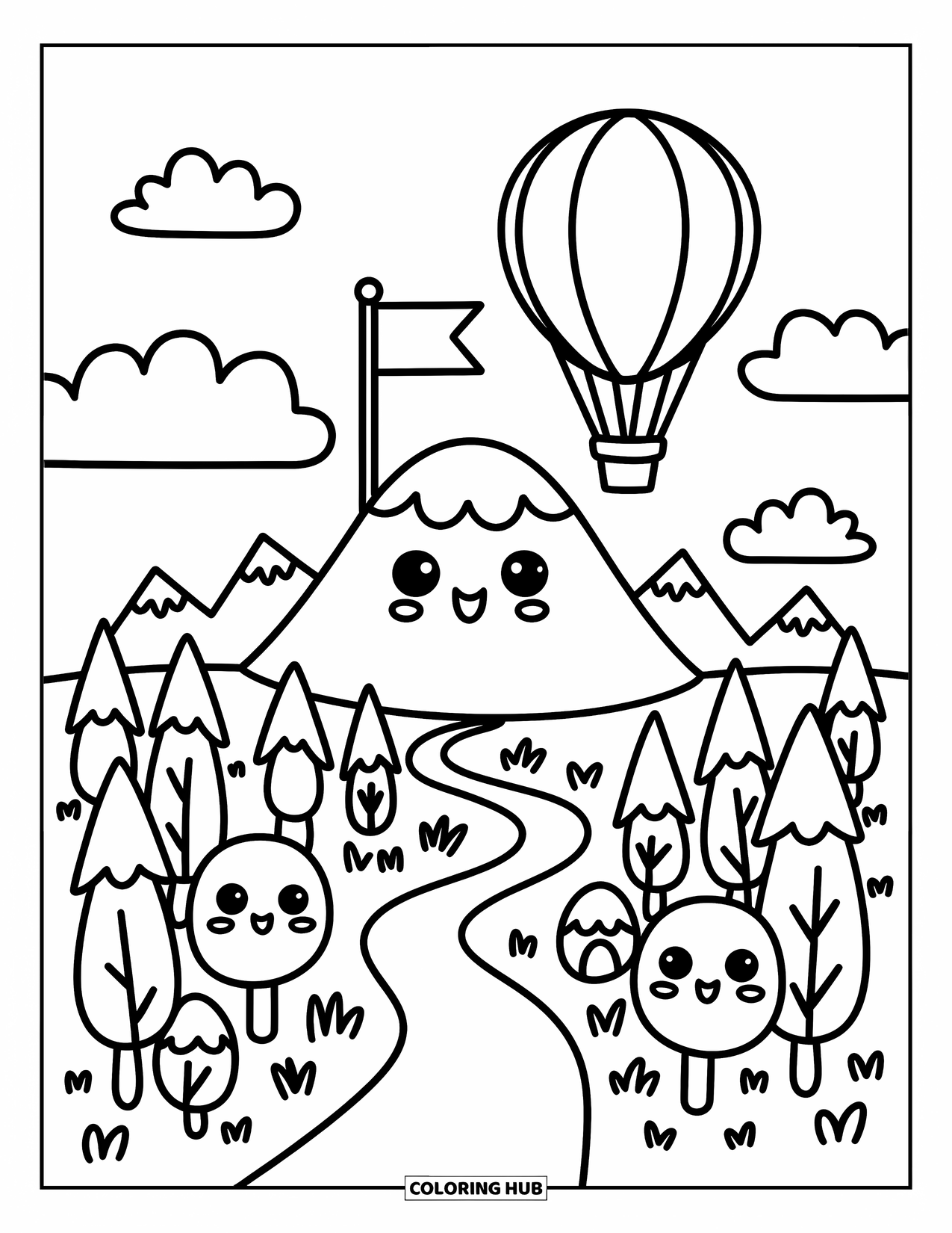 Mountain Coloring Page for Adults: A tiny hot air balloon drifts above a mountain with fluffy clouds and a winding path