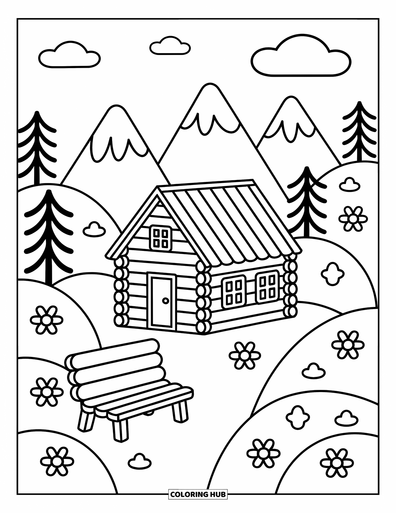 Mountain Coloring Page for Adults: A tiny log cabin in a meadow with flowers and a cozy wooden bench