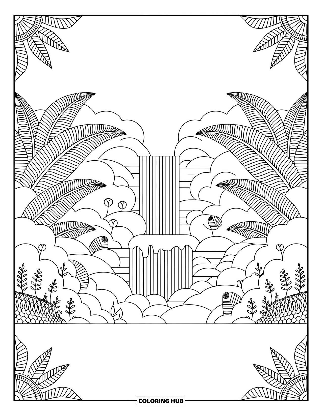 Mountain Coloring Page for Adults: A waterfall with rocks, ferns, and tiny forest creatures