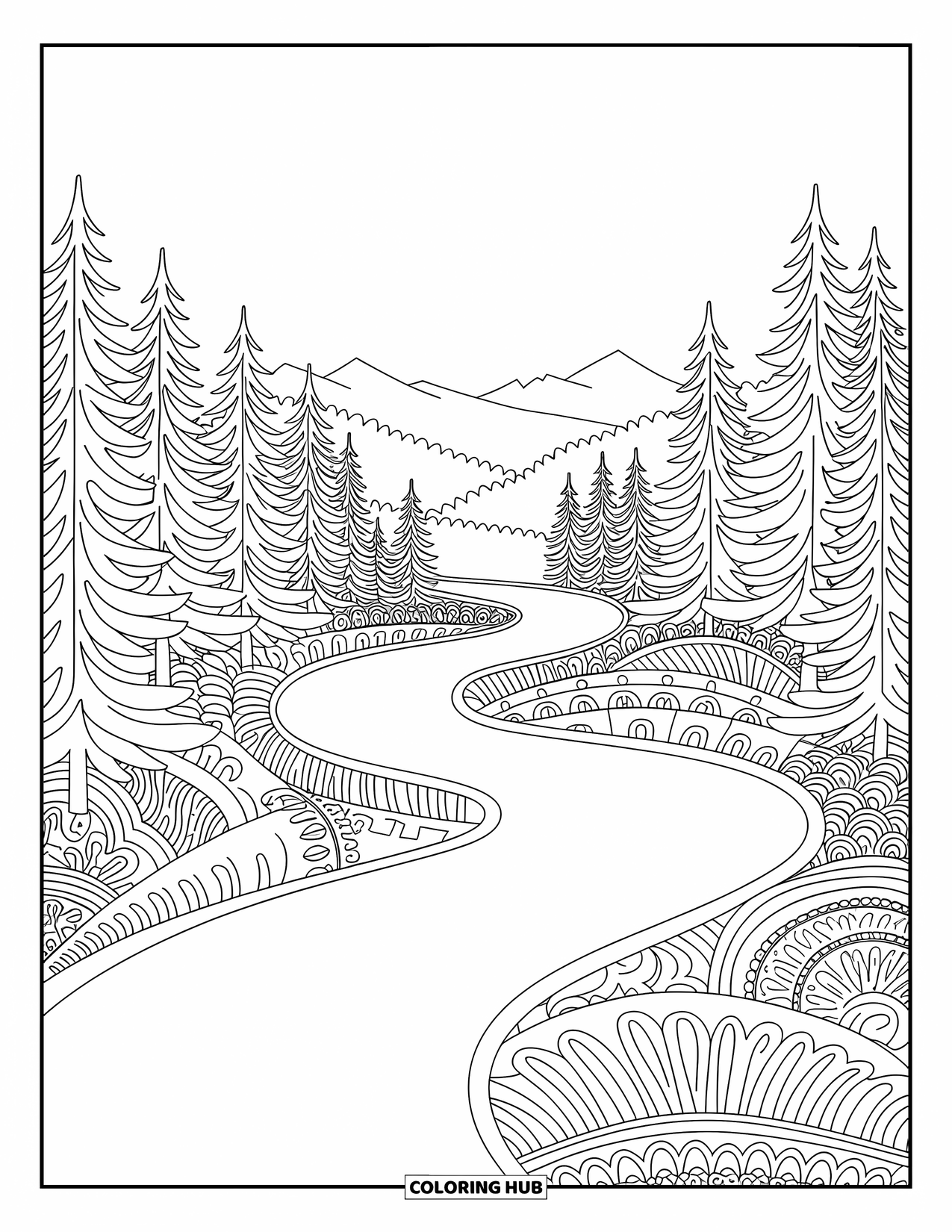 Mountain Coloring Page for Adults: A winding path through a pine forest with mountains in the distance