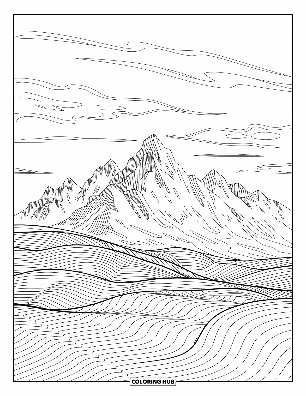 Mountain Coloring Page for Adults: Mountains with swirling clouds and intricate details