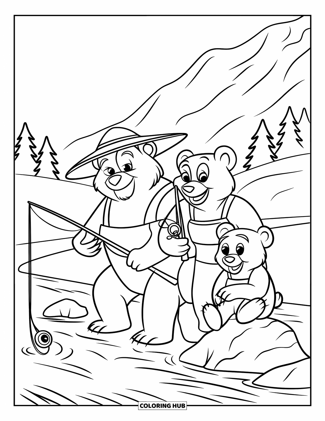 Mountain Coloring Page for Kids: A bear family fishing by a mountain stream, with father bear wearing a straw hat