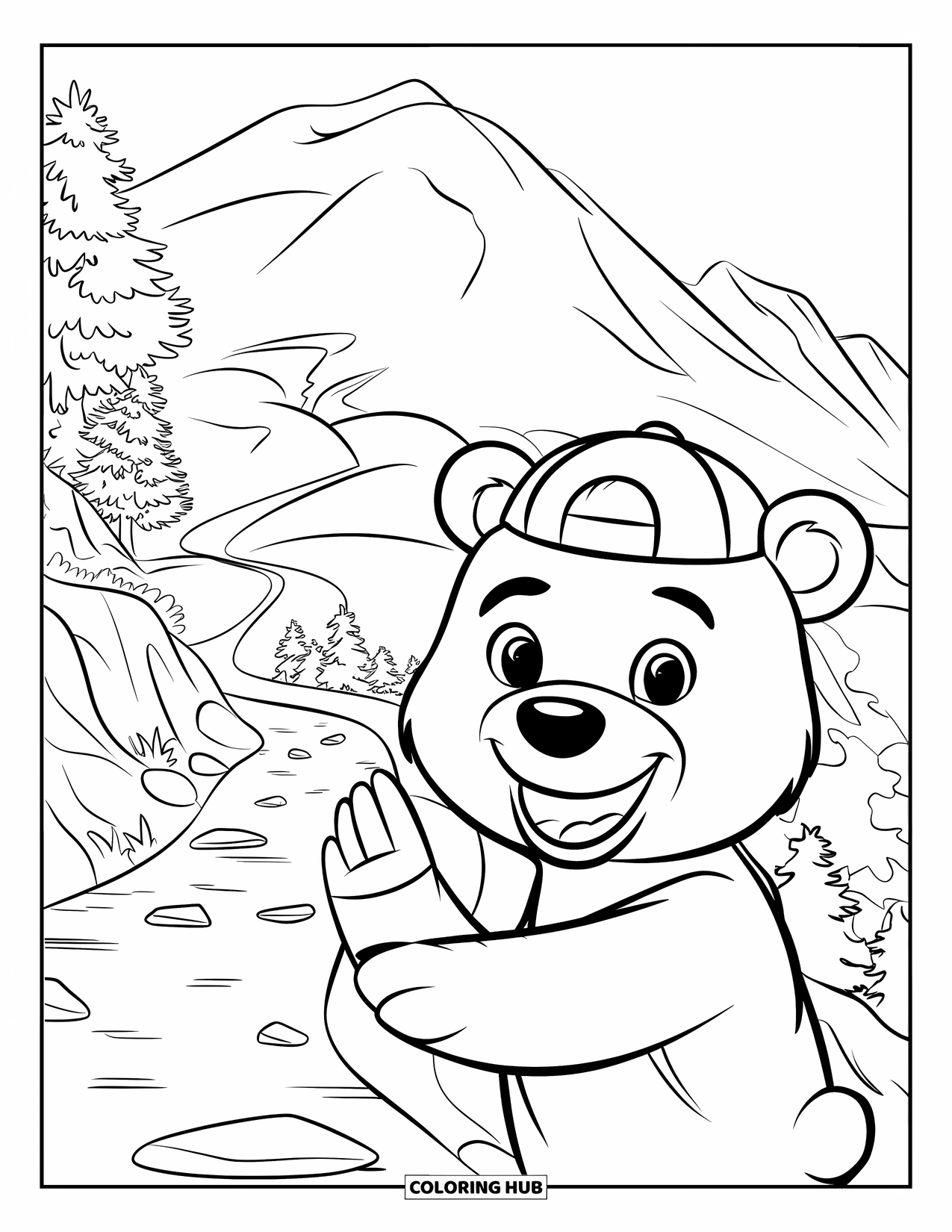 Mountain Coloring Page for Kids: A bear in a cap waving by a mountain trail with rocks