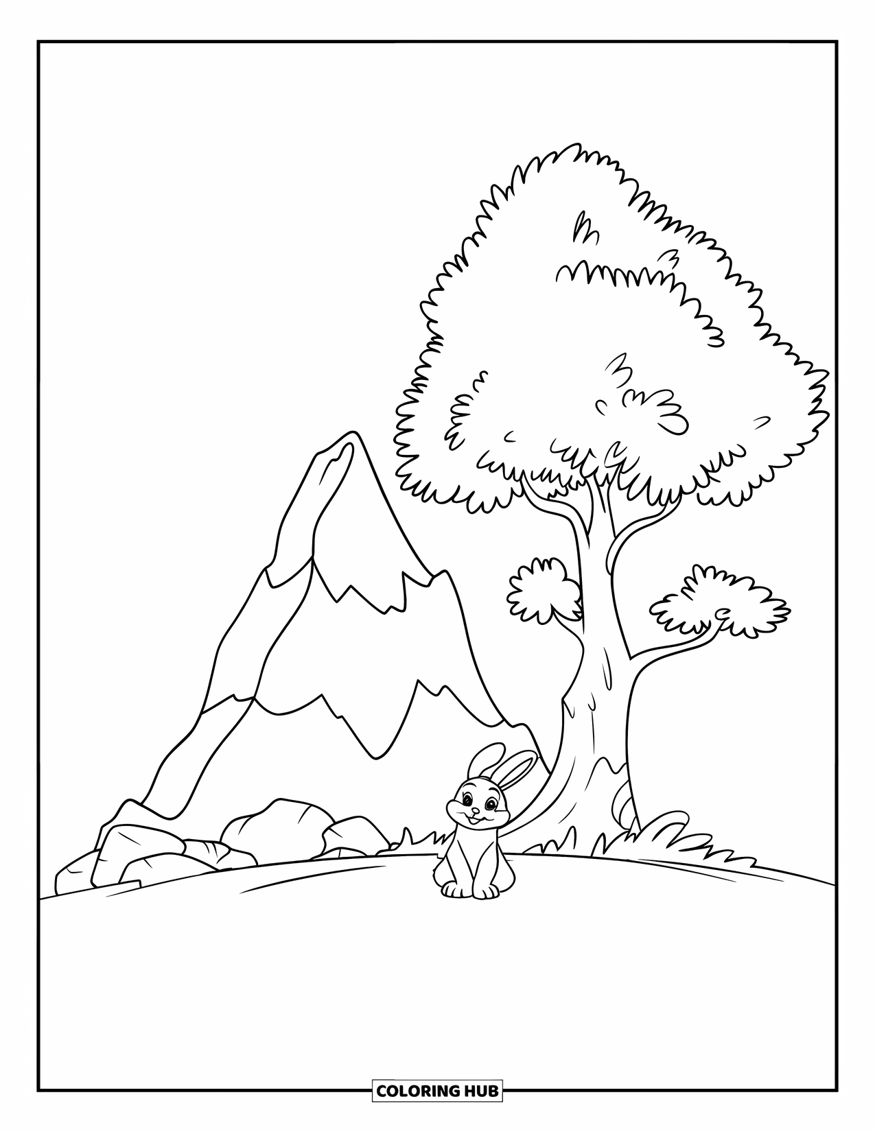 Mountain Coloring Page for Kids: A bunny sitting by a large tree on a mountain