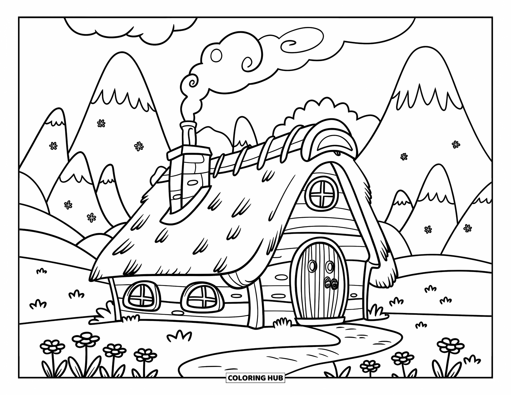 Mountain Coloring Page for Kids: A cabin with a thatched roof and flowers by a mountain range