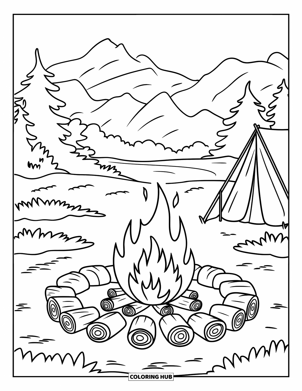 Mountain Coloring Page for Kids: A campfire with a tent nearby and mountains in the distance