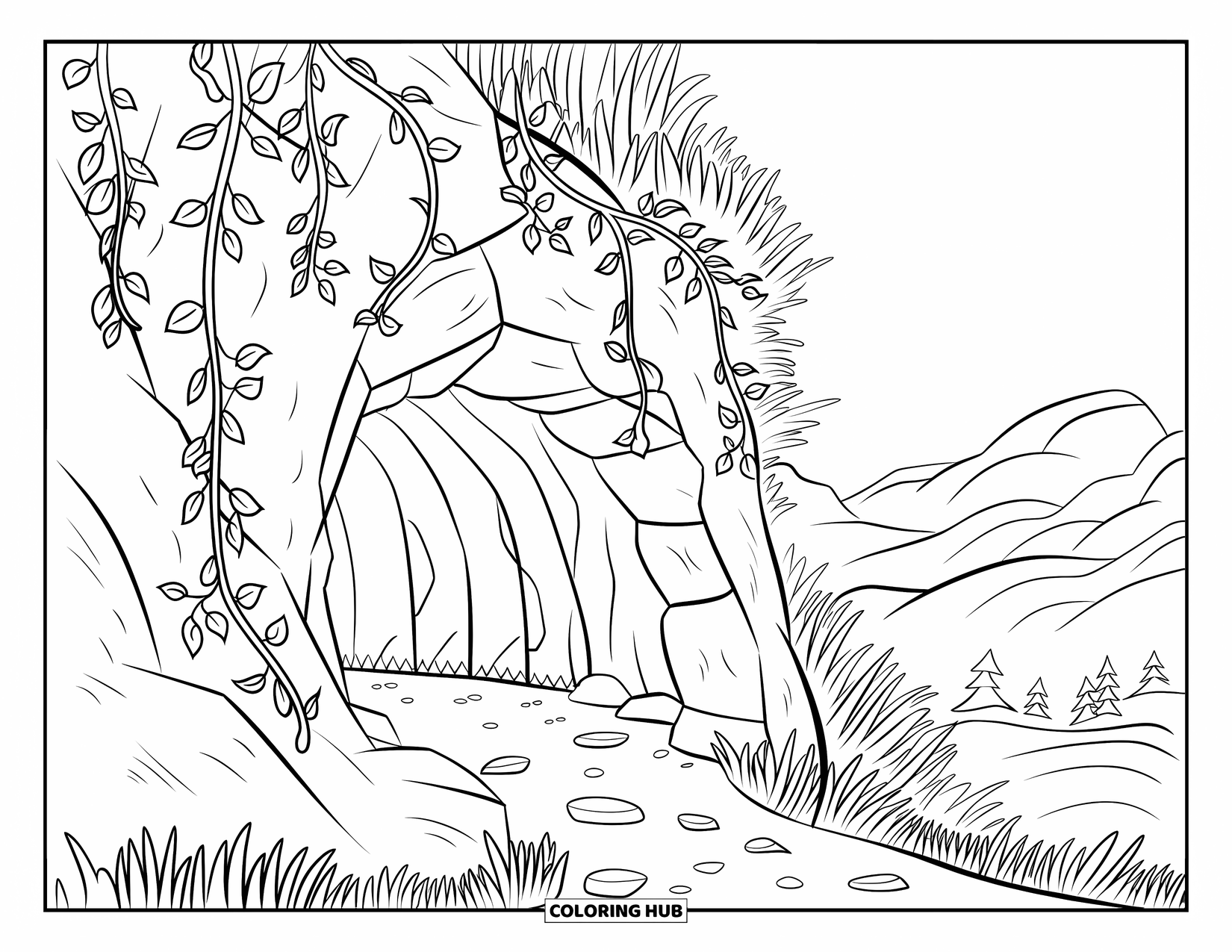 Mountain Coloring Page for Kids: A cave surrounded by rocks and vines with a path leading to it