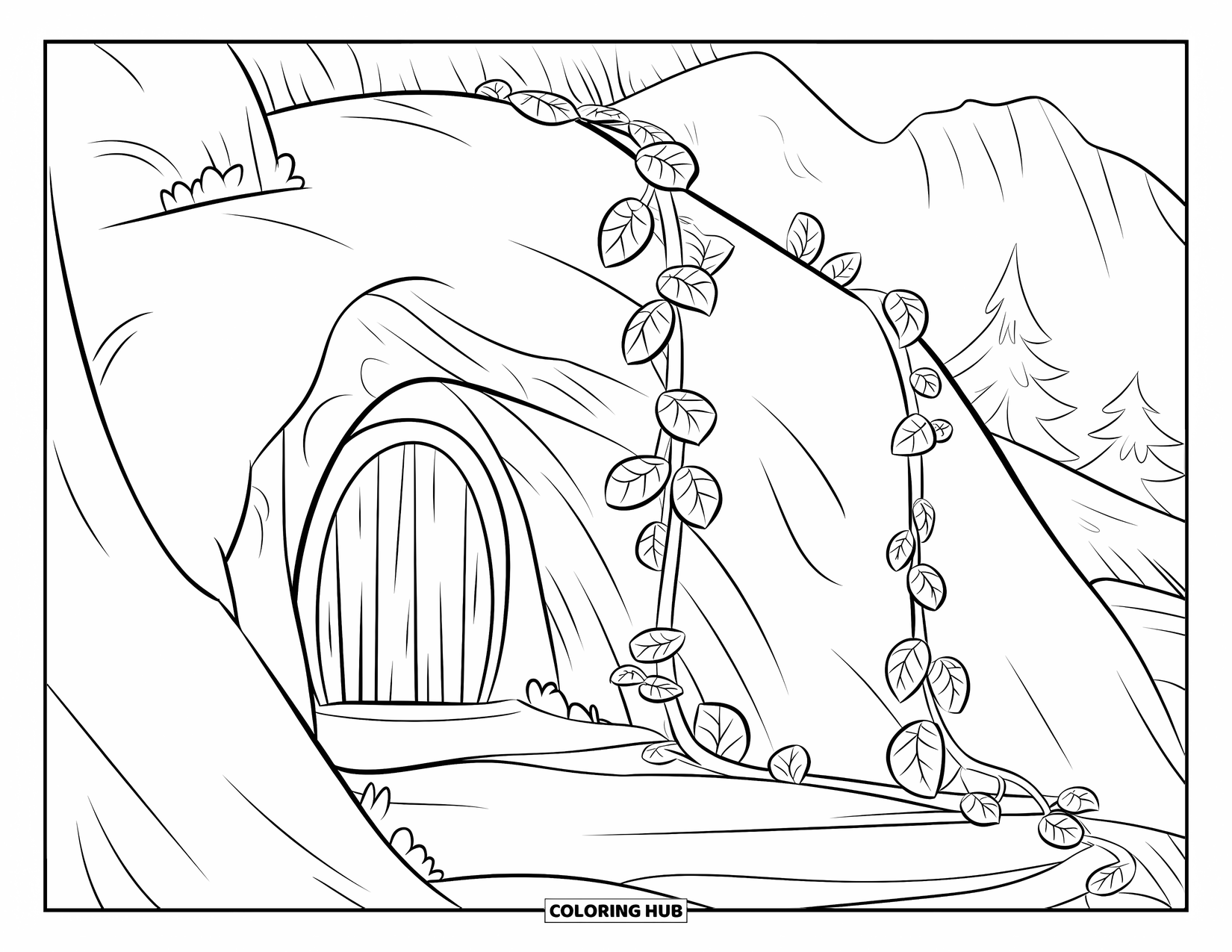Mountain Coloring Page for Kids: A cave with vines and a wooden door on a mountainside