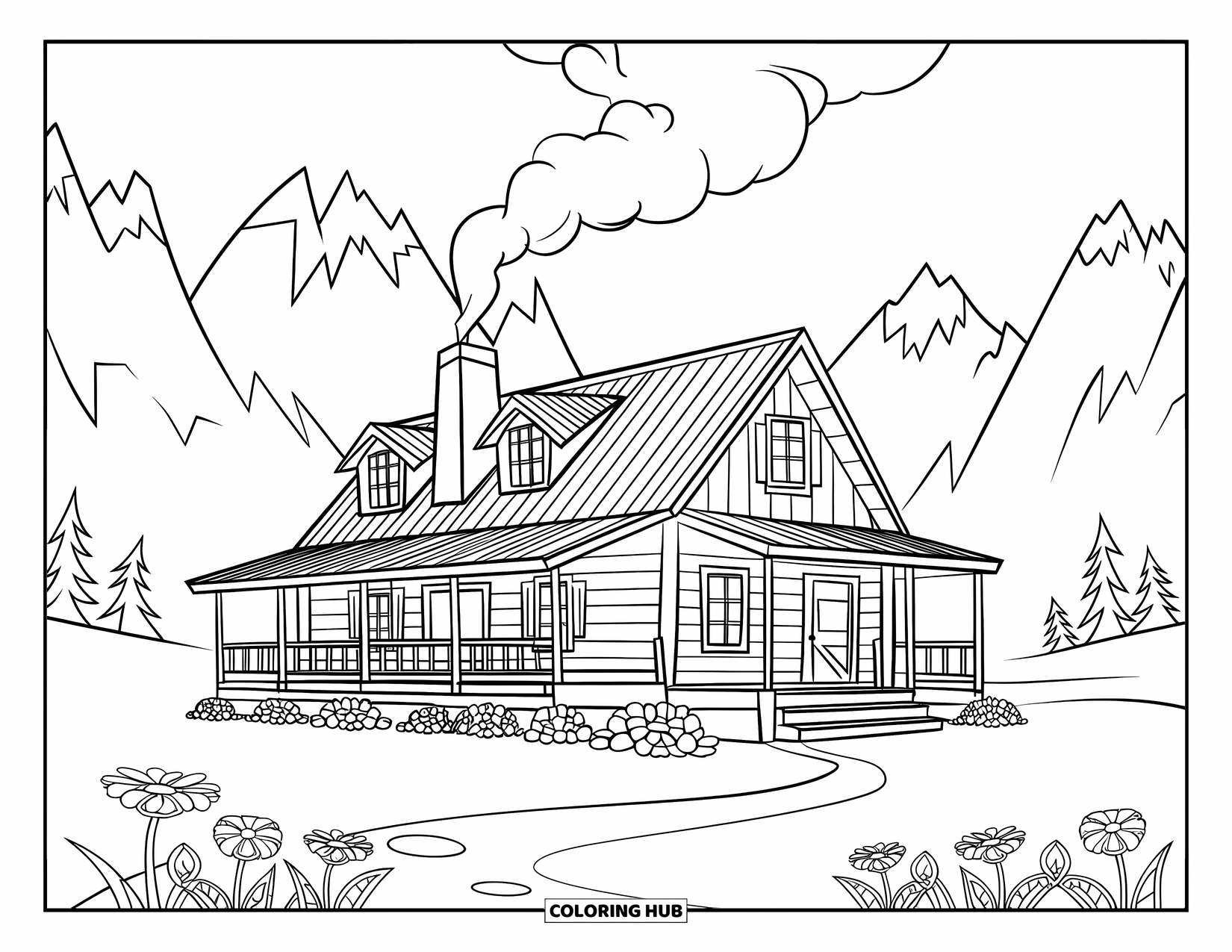 Mountain Coloring Page for Kids: A cozy cabin with a smoking chimney and flowers near the mountains