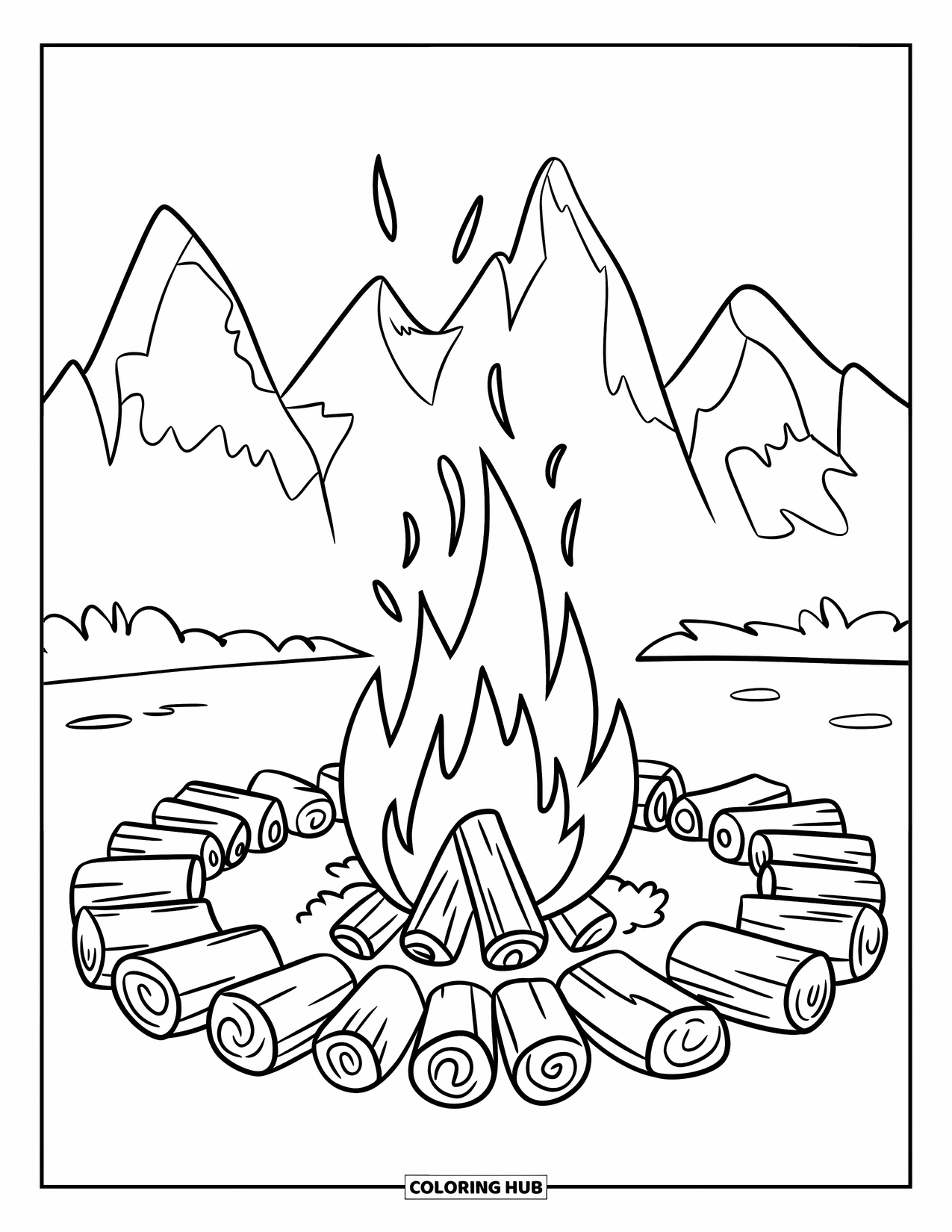 Mountain Coloring Page for Kids: A cozy campfire scene with logs and silhouettes of distant mountains