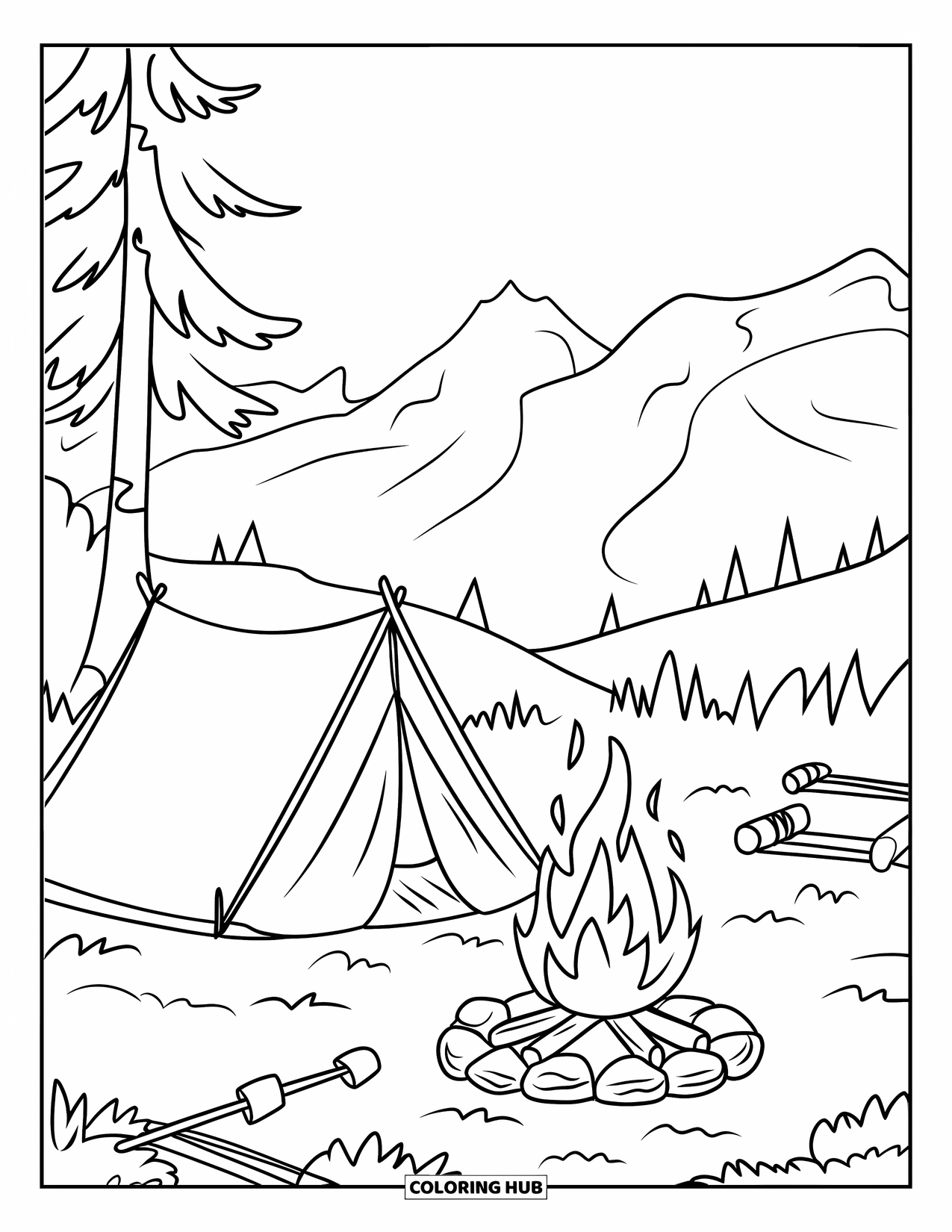 Mountain Coloring Page for Kids: A cozy campsite with a tent and campfire under a starry mountain sky