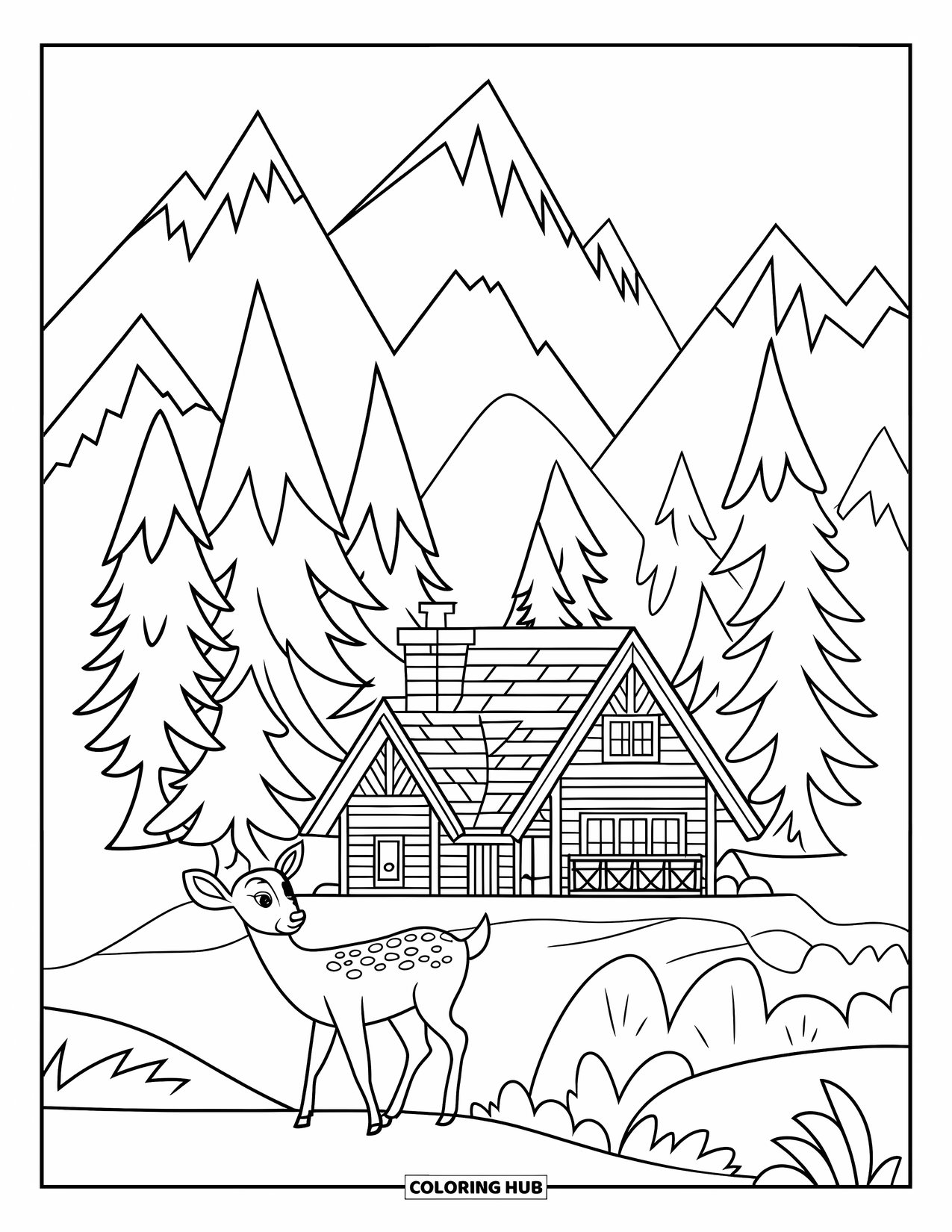 Mountain Coloring Page for Kids: A cozy mountain cabin surrounded by pine trees and a grazing deer