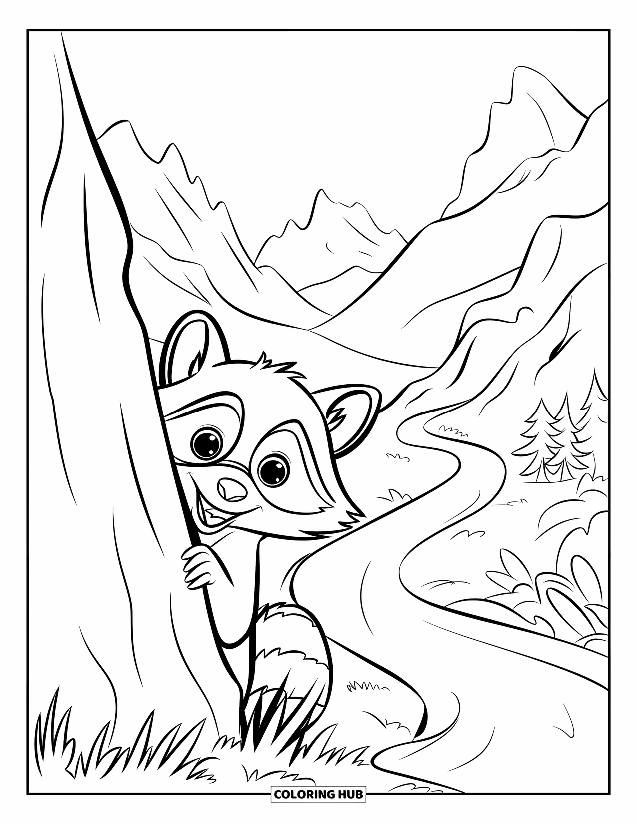 Mountain Coloring Page for Kids: A curious raccoon peeking from behind a rock by a mountain path