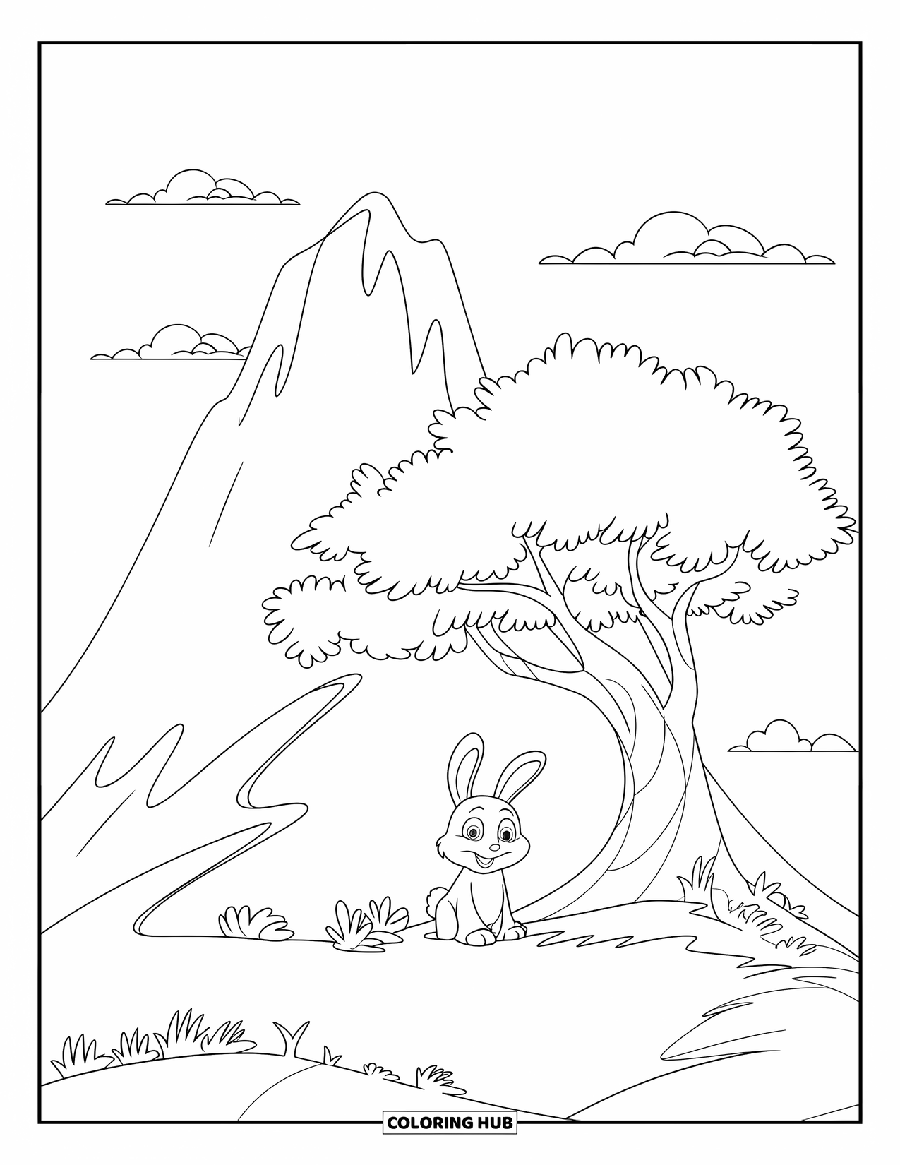 Mountain Coloring Page for Kids: A cute bunny near a large tree growing on a mountain