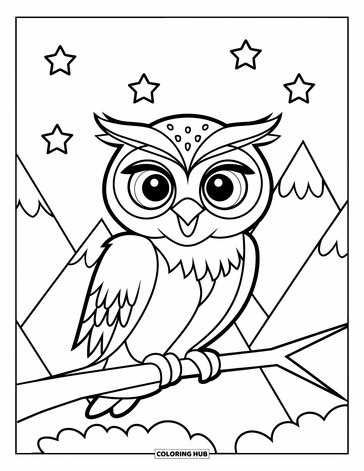 Mountain Coloring Page for Kids: A cute owl sitting on a branch against mountains and stars