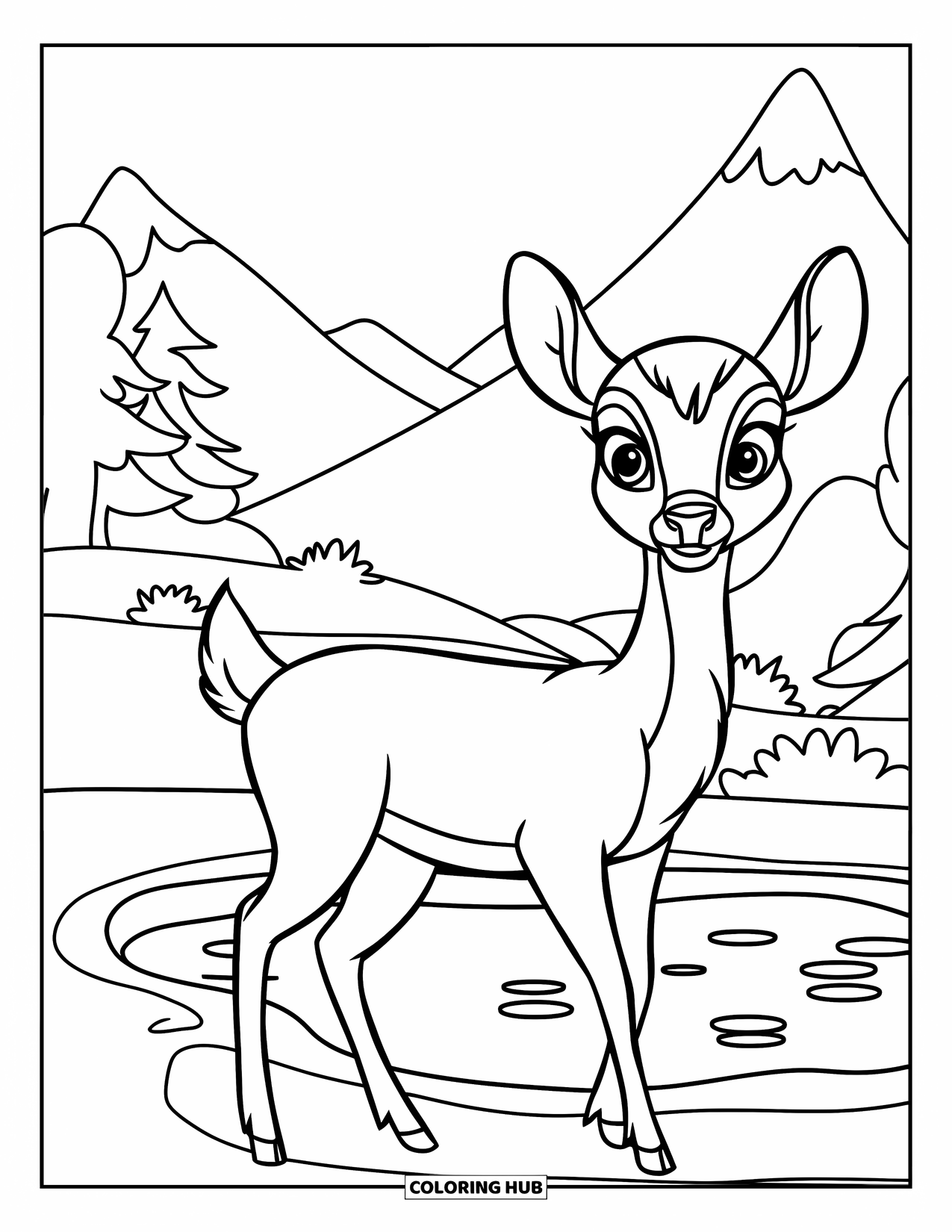 Mountain Coloring Page for Kids: A deer standing beside a small pond with mountains in the background