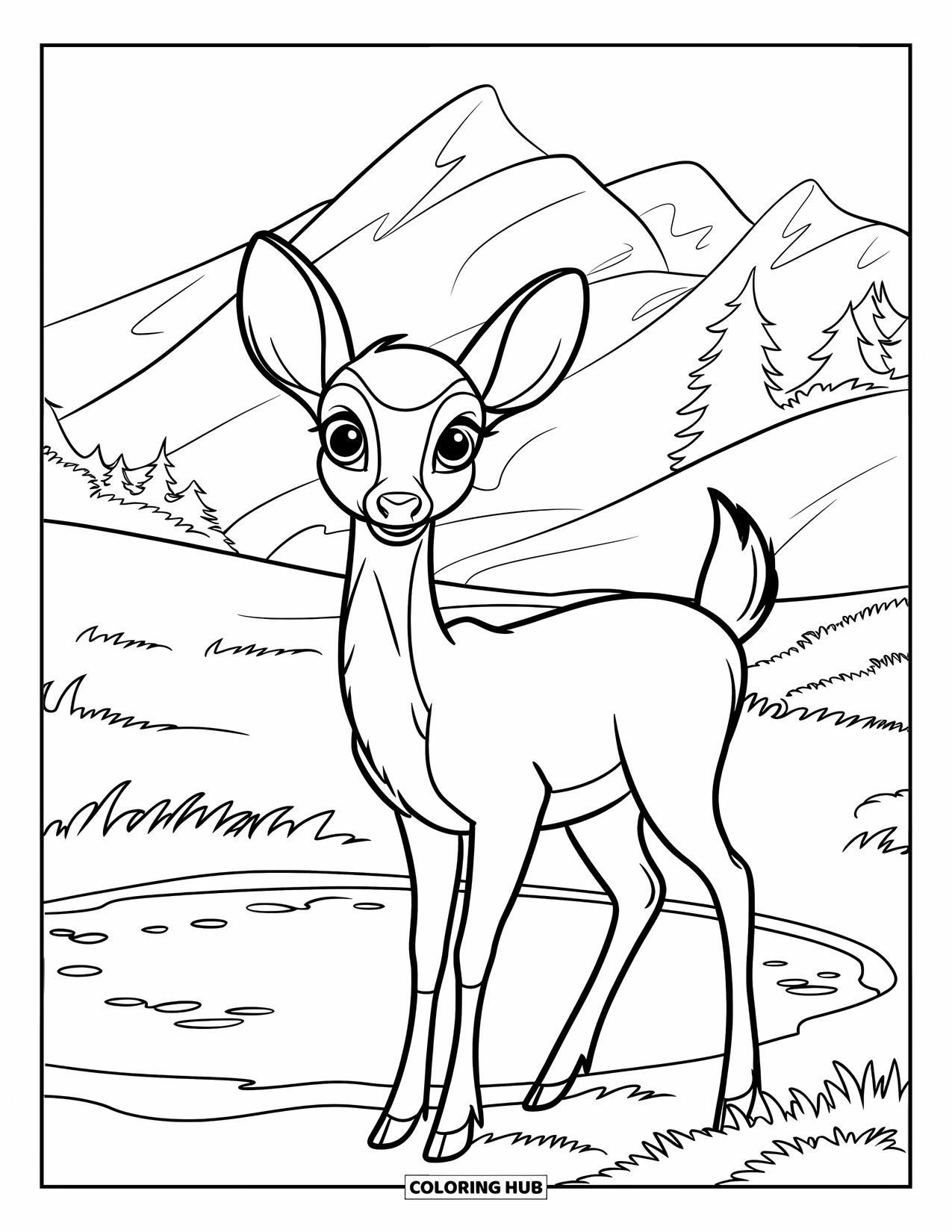 Mountain Coloring Page for Kids: A deer with large eyes beside a calm pond under a mountain sky