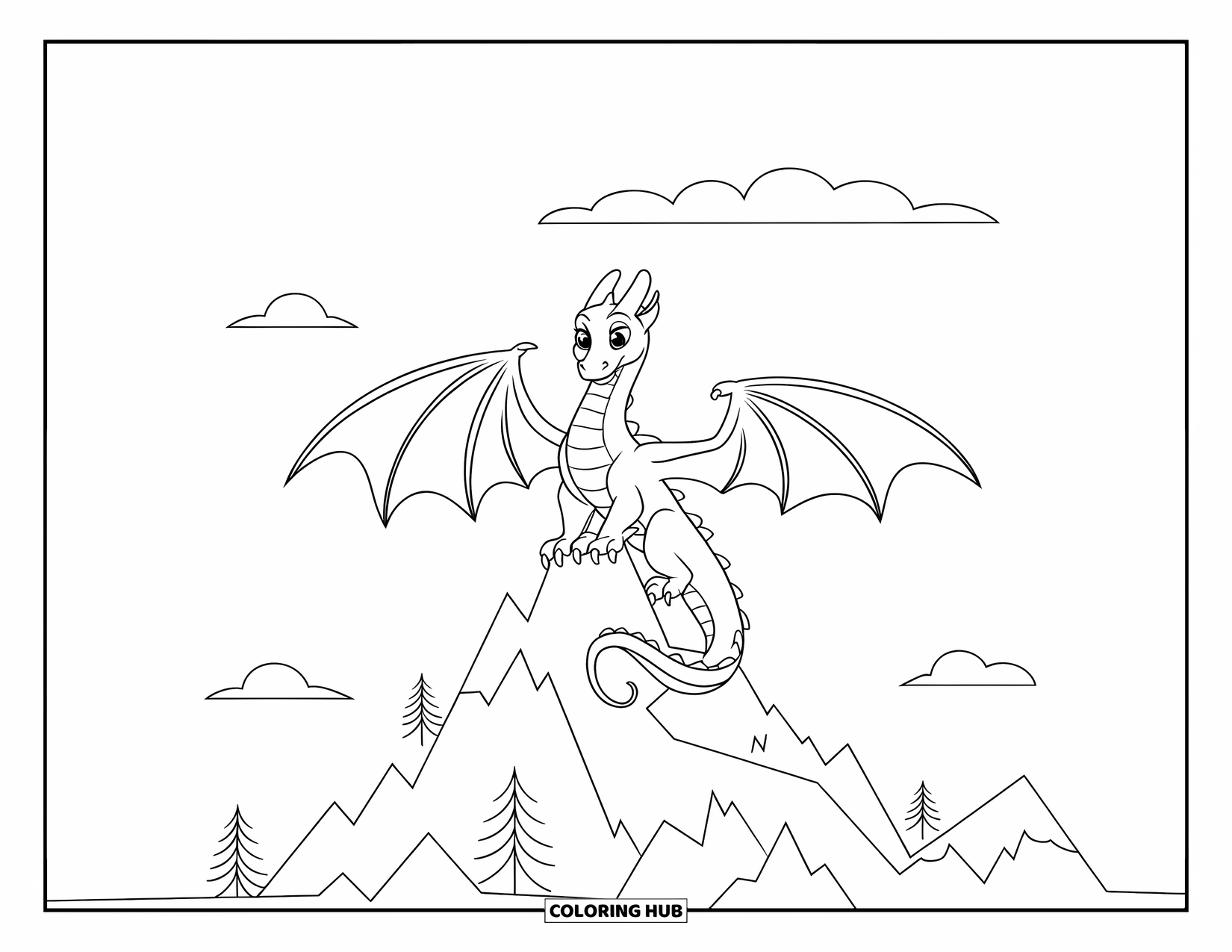 Mountain Coloring Page for Kids: A dragon with open wings perched on a jagged mountain peak