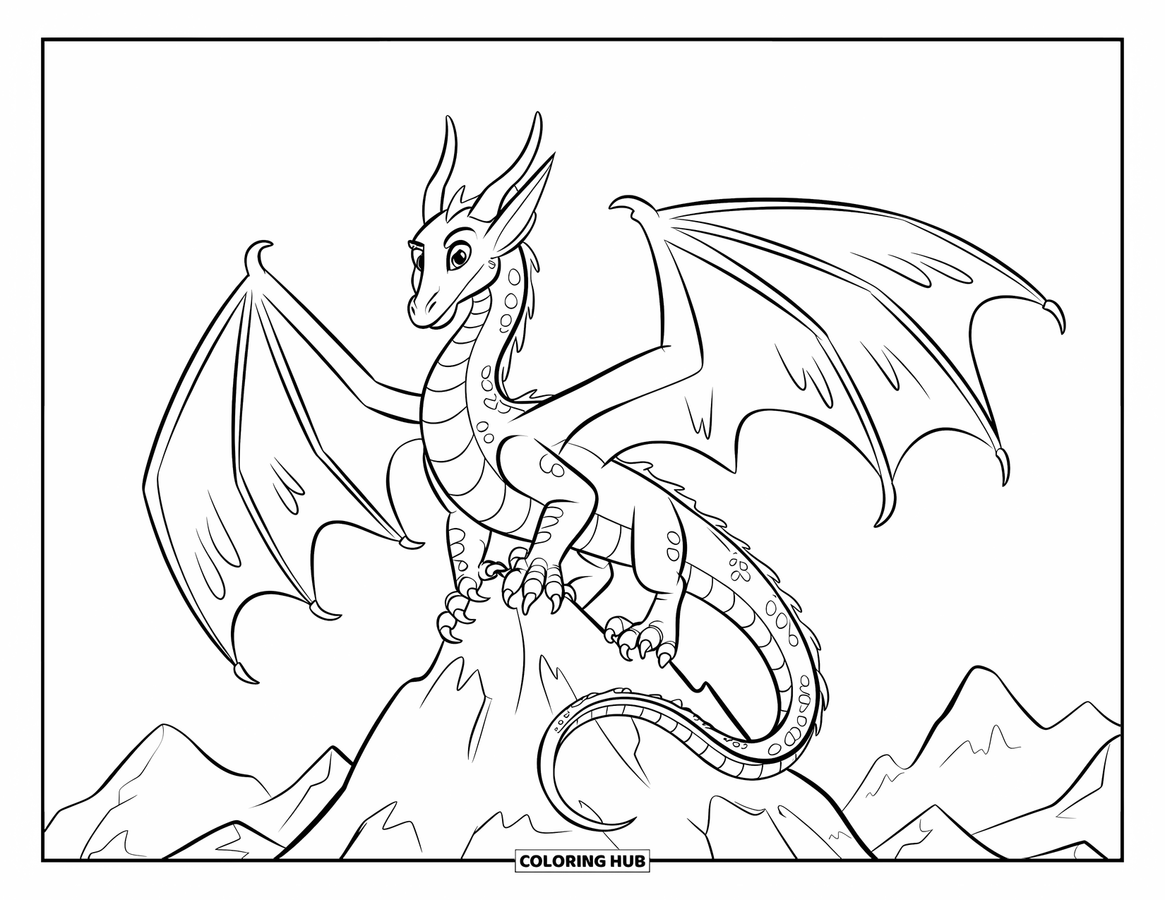 Mountain Coloring Page for Kids: A dragon with scales and wings slightly open on a mountain peak