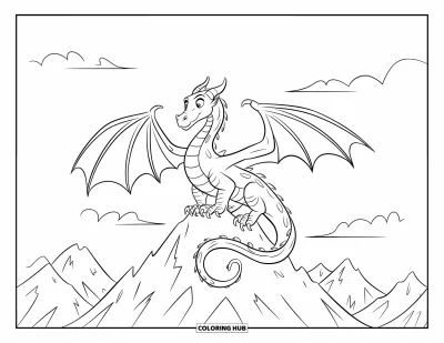 Horská omalovánka pro děti: Drak s texturovanými šupinami usazený na ostrém horském vrcholu