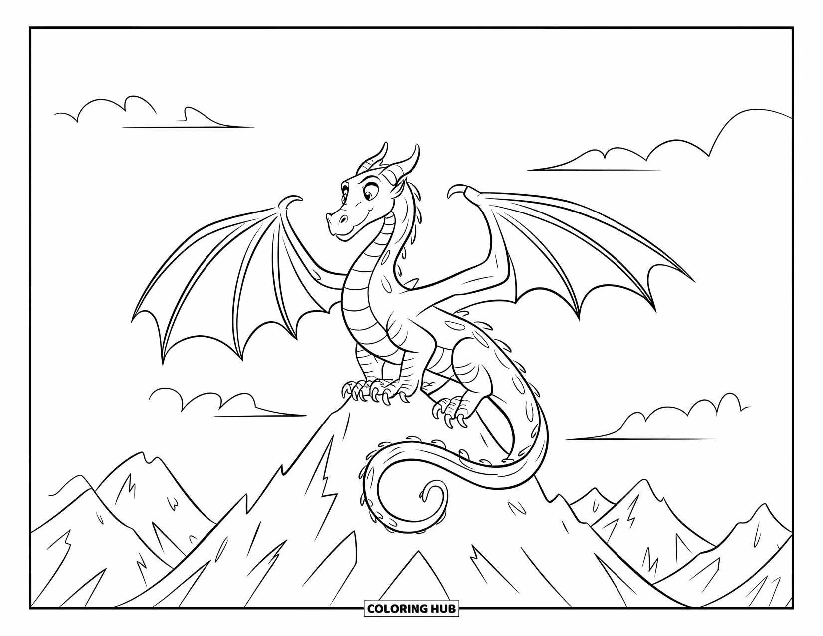 Mountain Coloring Page for Kids: A dragon with textured scales perched on a sharp mountain peak