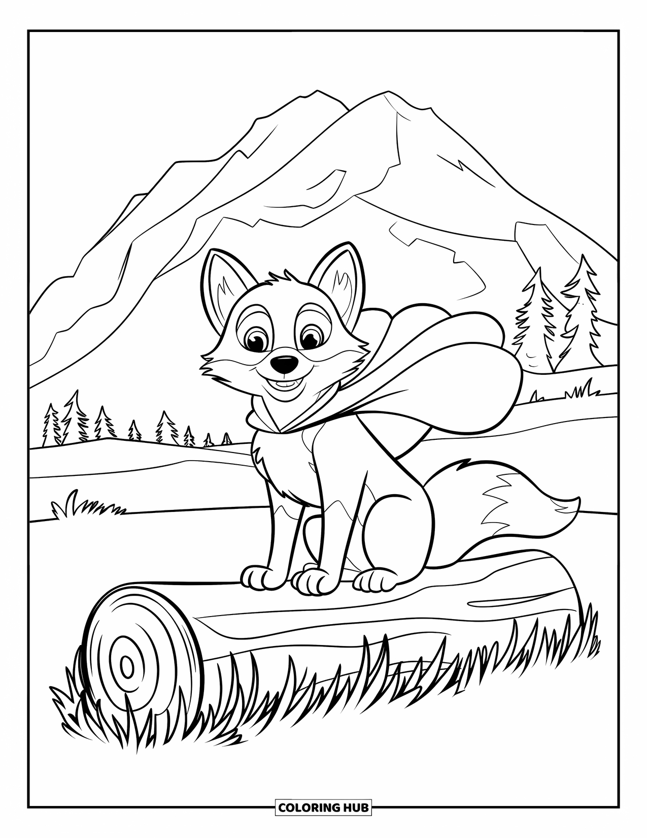 Mountain Coloring Page for Kids: A fox in a red scarf sitting on a log near a mountain