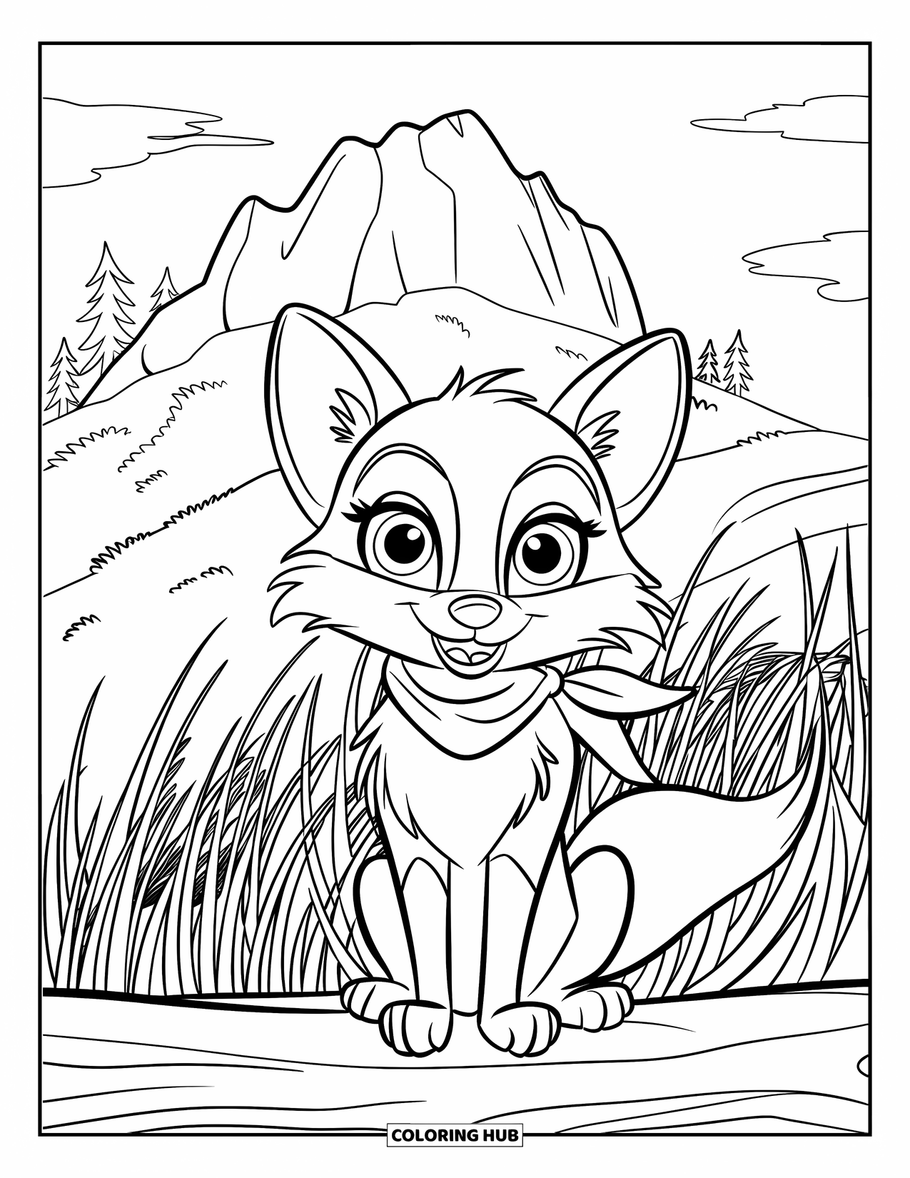 Mountain Coloring Page for Kids: A fox sitting on a log with tall grass and a mountain behind