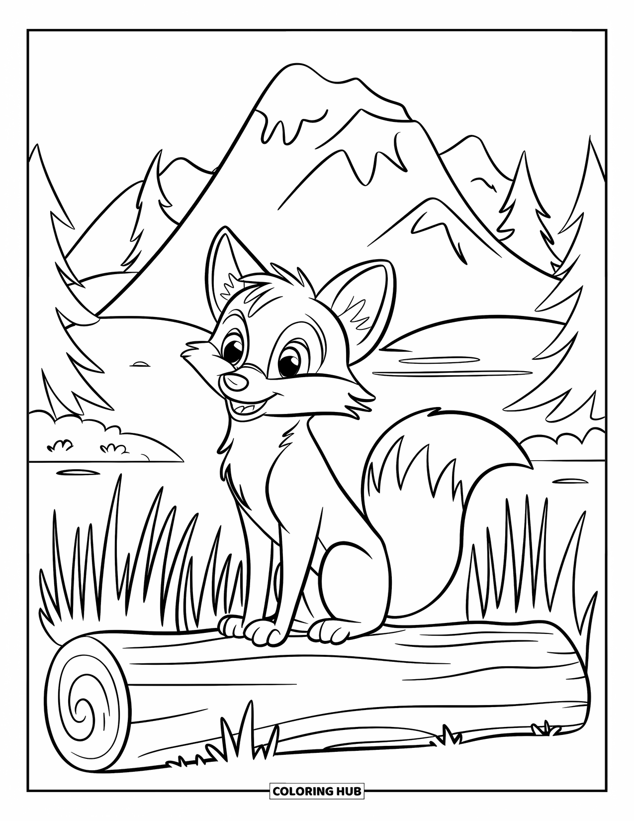 Mountain Coloring Page for Kids: A fox wearing a hat sitting on a log near a mountain