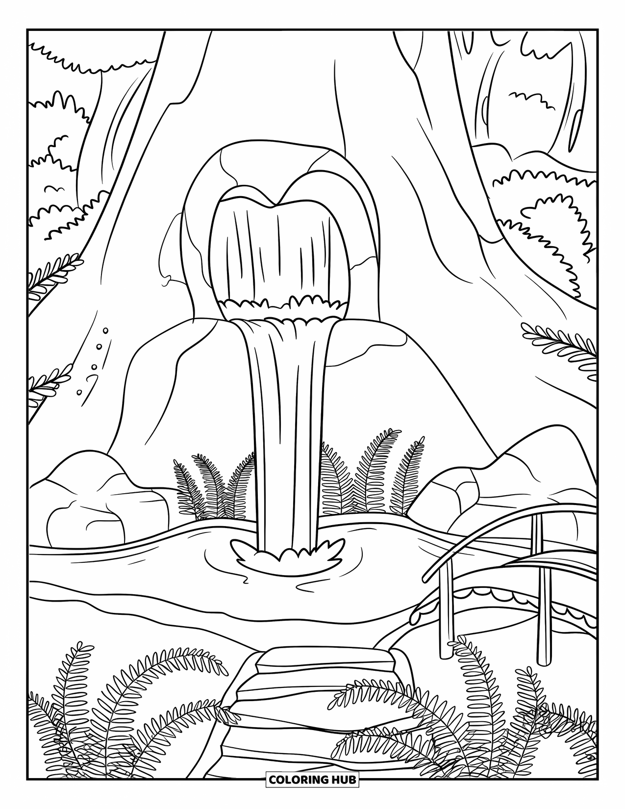 Mountain Coloring Page for Kids: A heart-shaped waterfall flowing into a pool with a wooden bridge nearby